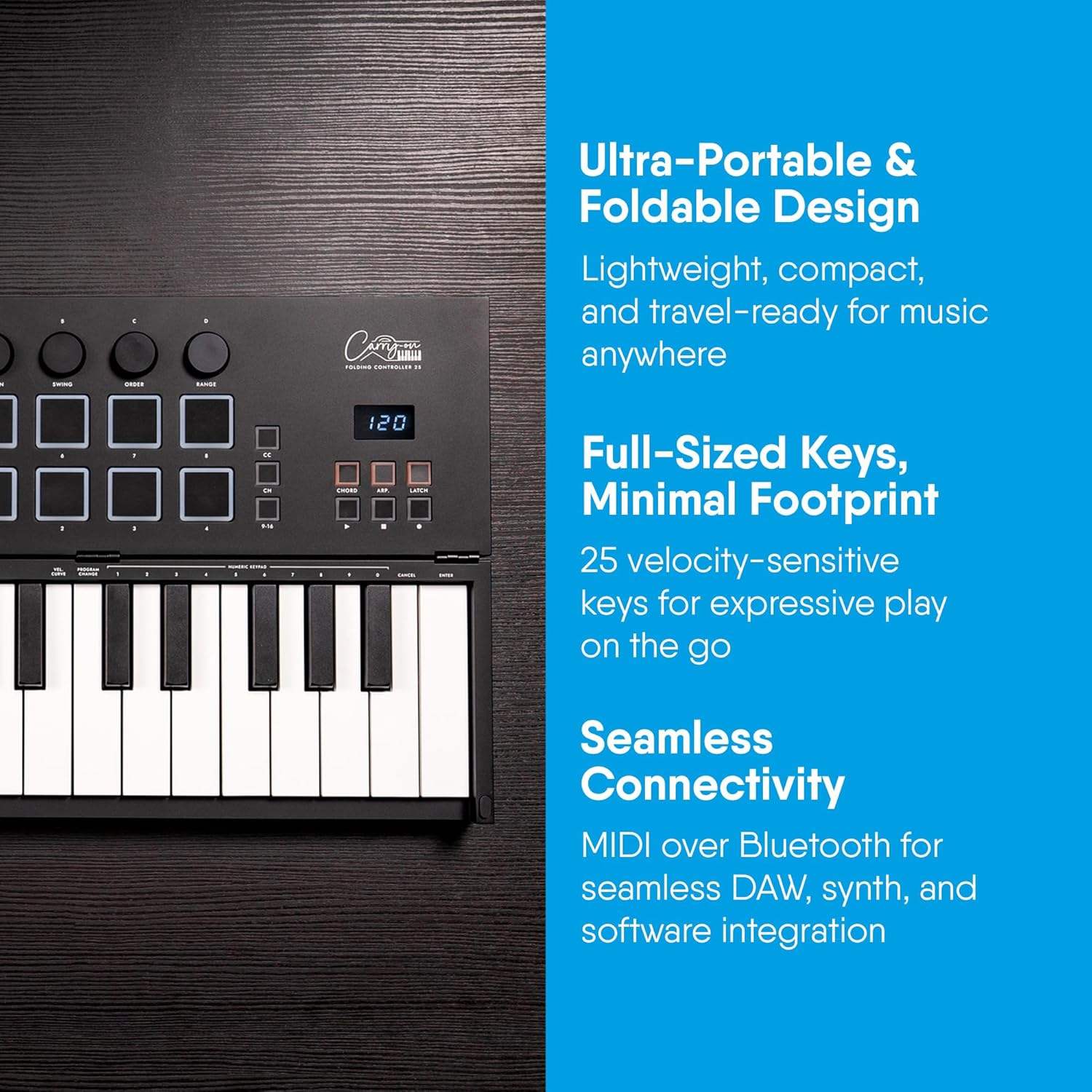 Carry-on Folding MIDI Controller 25 - MIDI over Bluetooth &USB Ultra-Portable Keyboard Controller - Built-In Battery for Professional Music Production - Compatible with Mac, PC, iOS