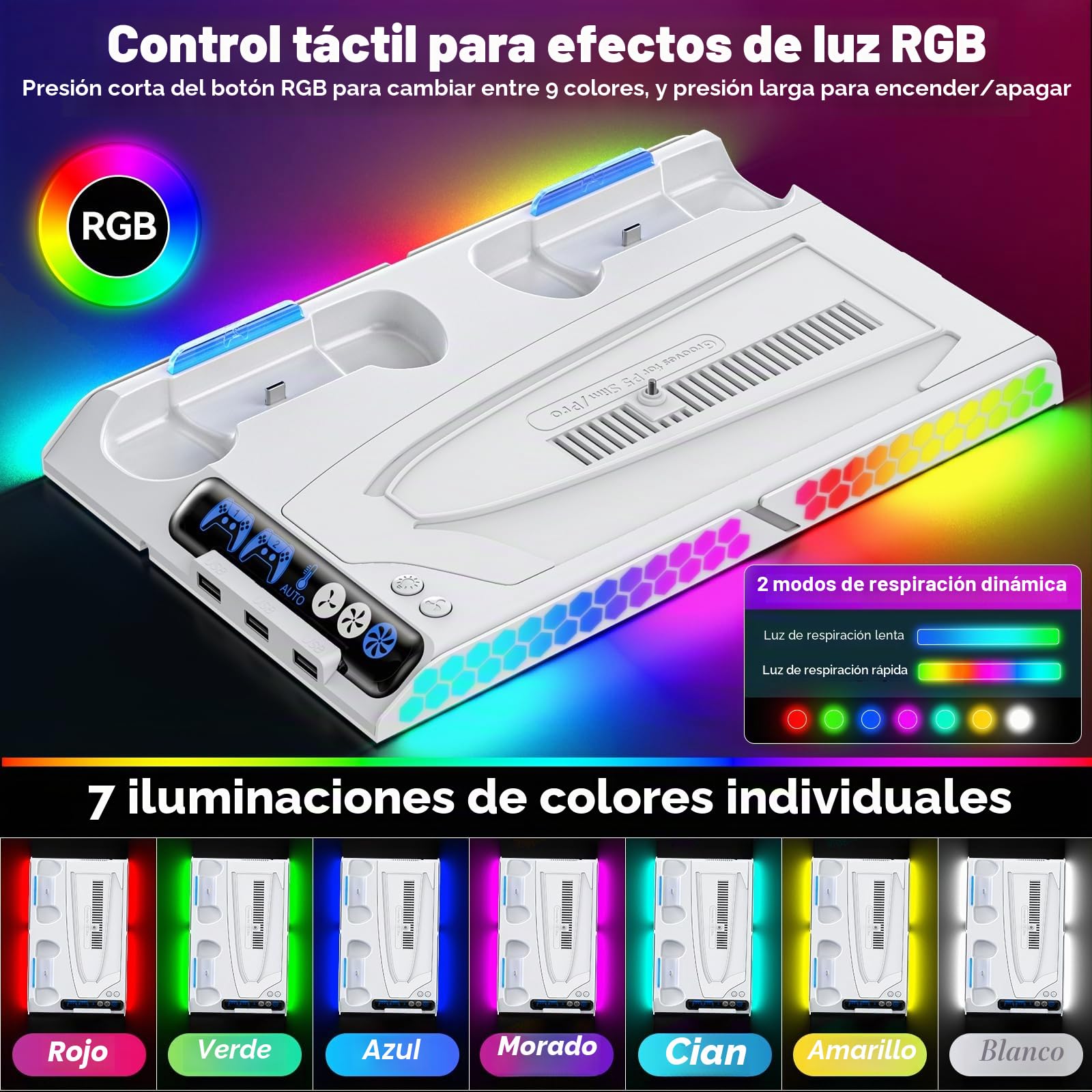 Tokluck Soporte de Refrigeración para PS5 Pro/PS5 Slim/PS 5 con Ajuste Automático, Base Carga Mando PS5 con Ventilador de Refrigeración de 4 Etapas, Accesorios PS5 Original/Edge Controller
