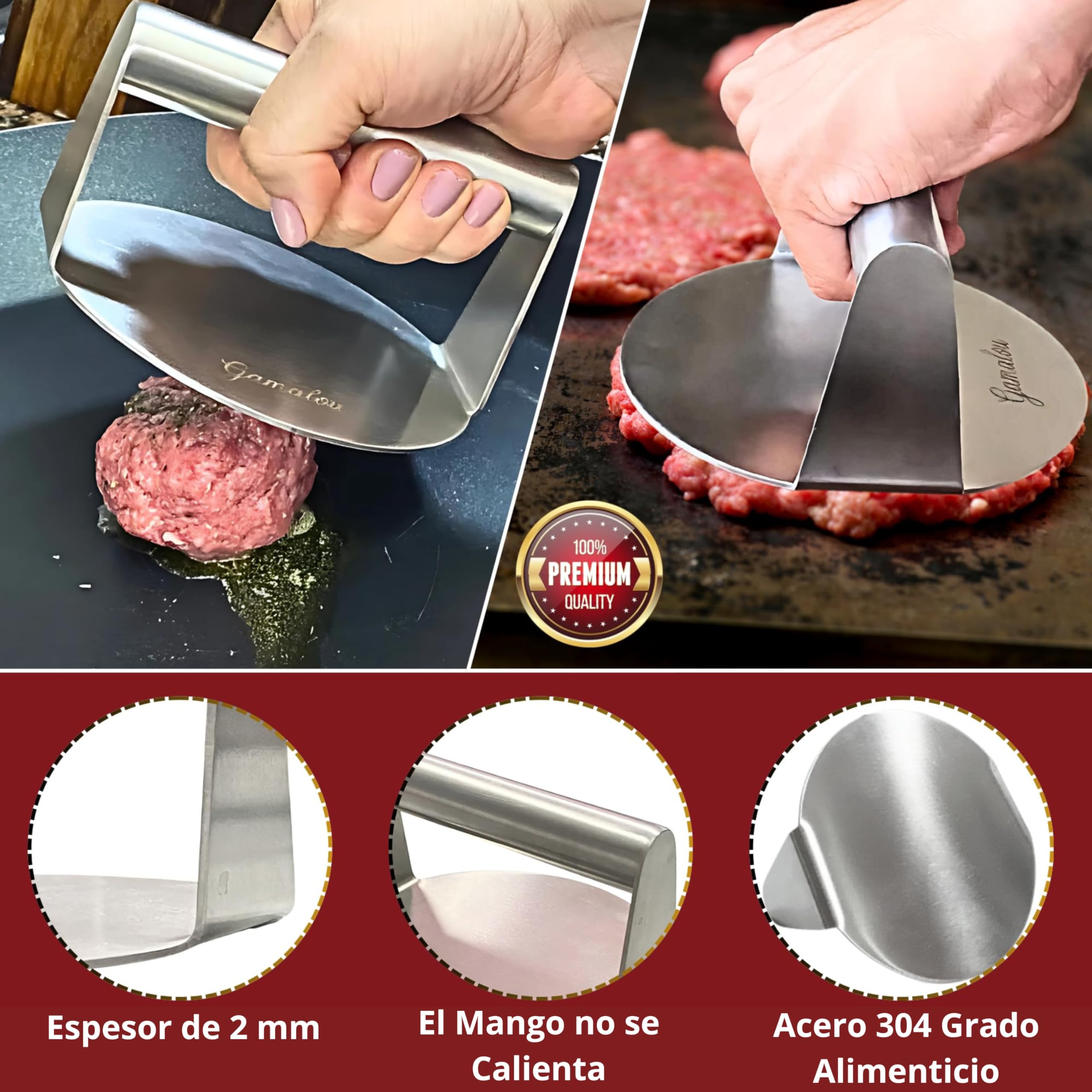 Smash Burger Profesional Kit Inox 304: Prensa Hamburguesas Smasher Antiadherente, Set de 2 Campanas, Espátulas y Bote para Especias, Ideal para Parrilla, Plancha o Sartén - Certificado UE