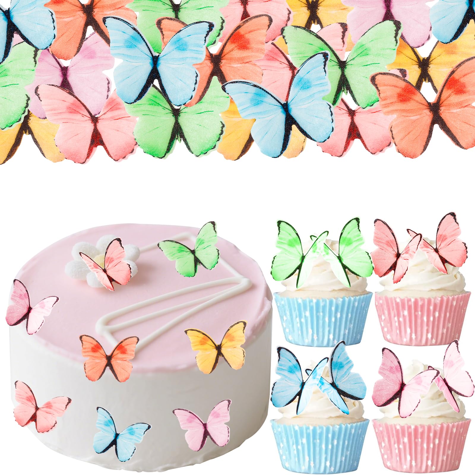 Gleevio 48 Stück Tortendeko Schmetterlinge Essbar,Schmetterling Deko Torte Geburtstag,Essbare Schmetterlinge für Torte,Essbare Schmetterling Cupcake Deko Bunt,Esspapier Tortendeko Weihnachten