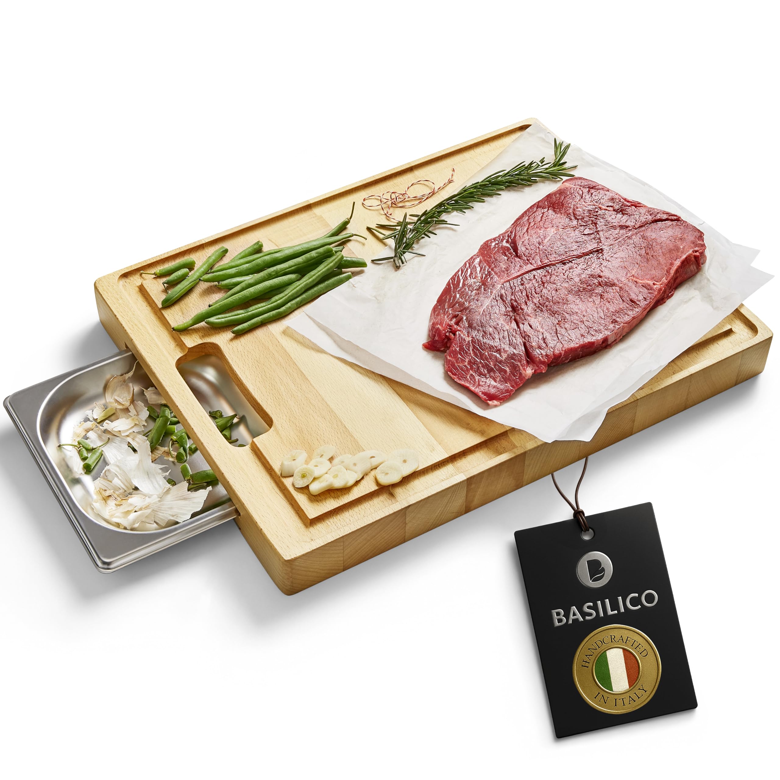Handcrafted Beechwood Cutting Board with Removable Metal Drawer by Basilico – 15.8"L x 11.8"W, Beechwood