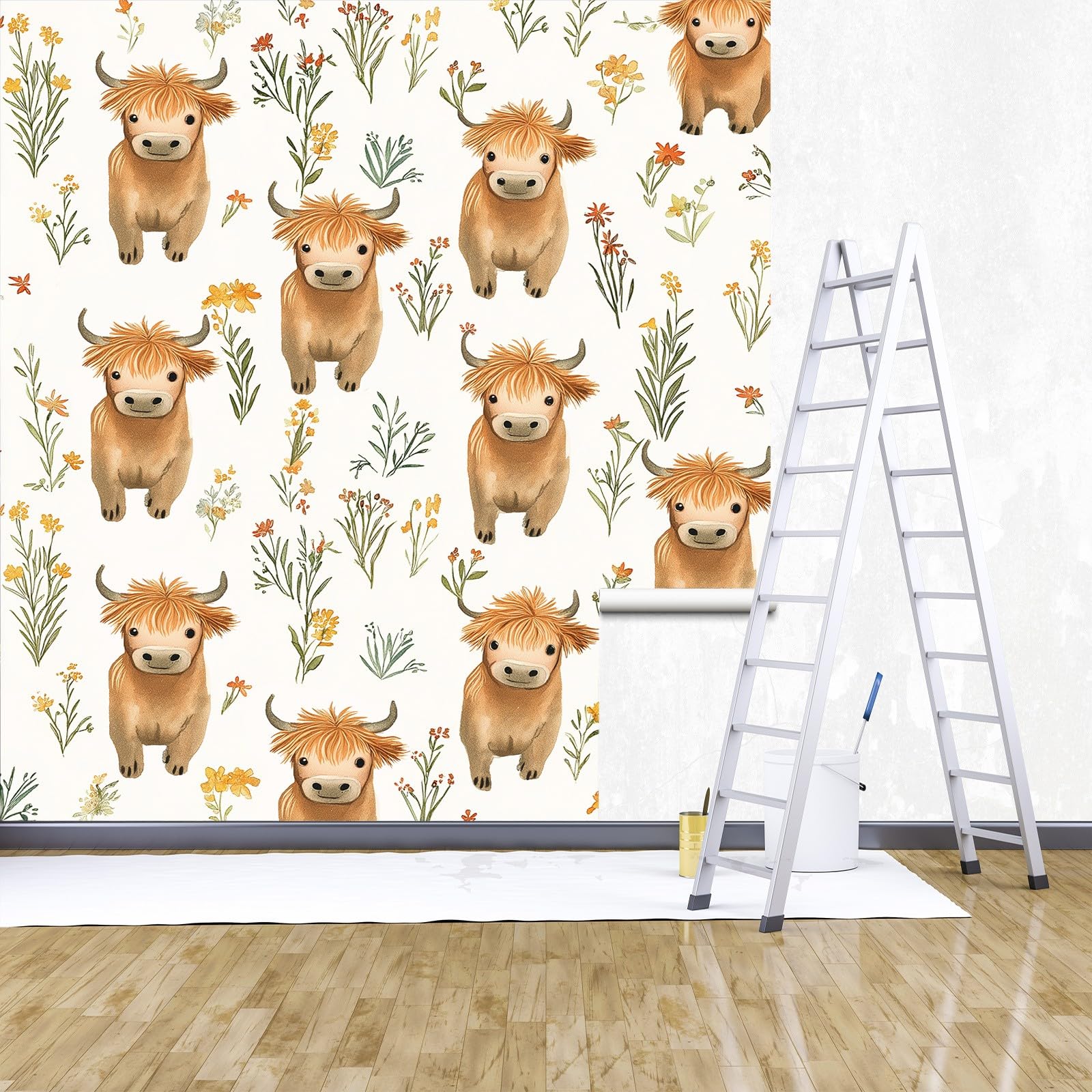 Tapeta ścienna z motywem zwierzęcia z kreskówki, wołowina górska, fototapeta, zwierzęta z kreskówki, tapeta ścienna, 400 x 280 cm (szer. x wys.), dekoracja ścienna, tapeta ścienna, tapeta z włókniny