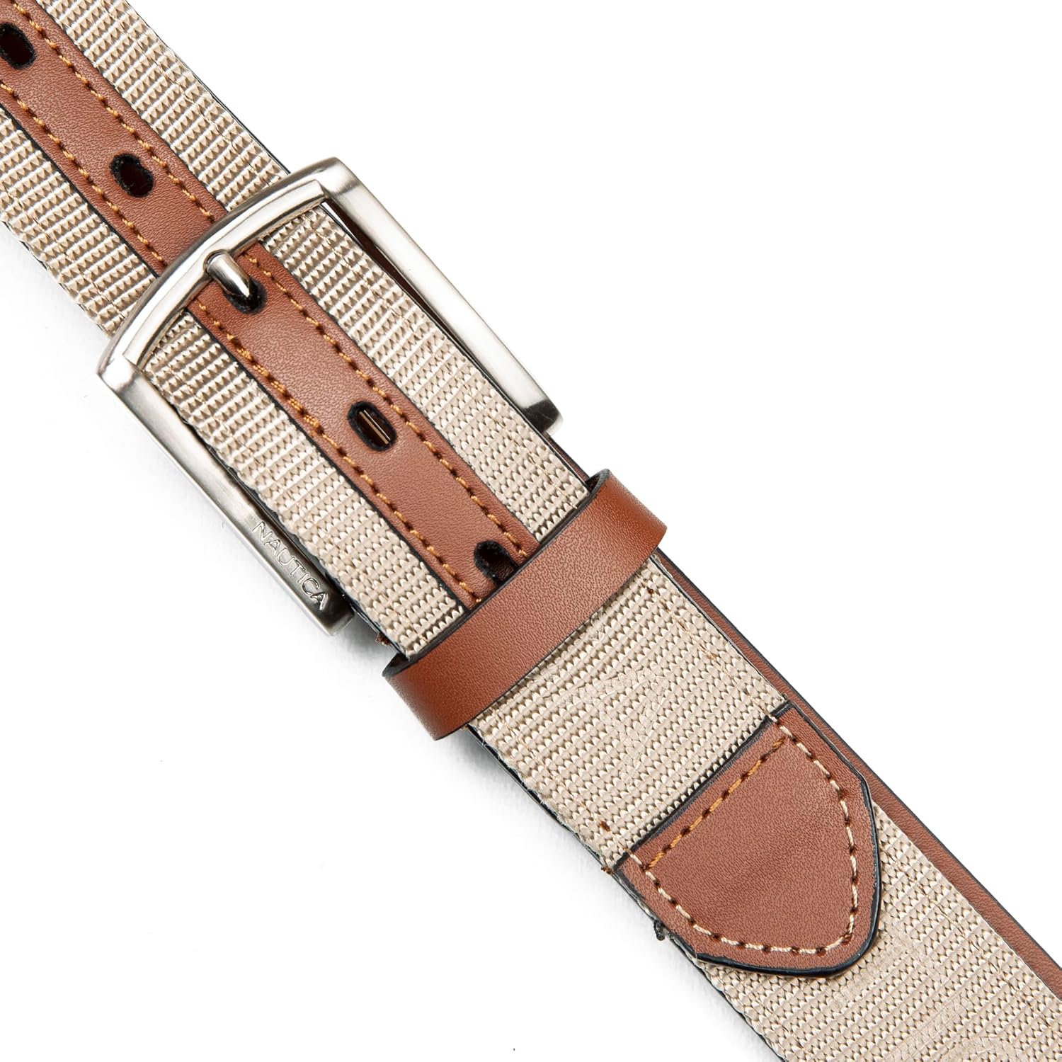 Nautica Men's Casual Leather Belt | Everyday | Classic | Pants | Jeans | Khakis | Chinos | Metal Buckle Medium Webbing Logo - Khaki image 5 of 5 B0CGGW23Z7