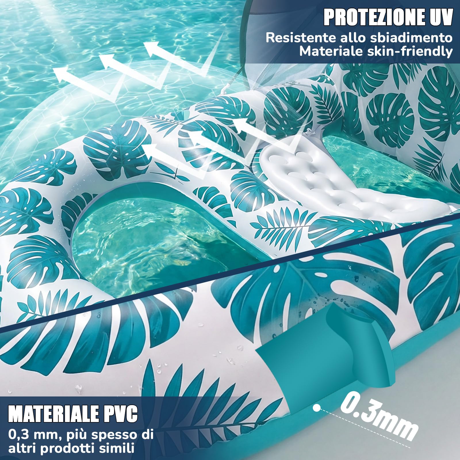 Materassino Gonfiabile Abbronzante, Inflatable Tanning Pool con Parasole Rimovibile Piscina Doppio Grande Adulti con Portabevande e Schienale per Piscina Estiva in Spiaggia