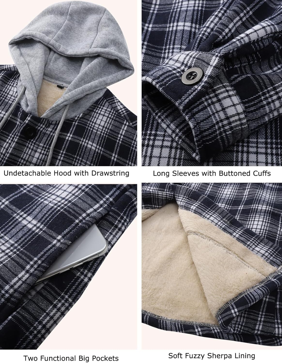Flygo Flannel Shirt Jacket Men Fleece Hoodie Sherpa Lined Plaid Button Down Fall Winter Jackets with Hood - Image 7