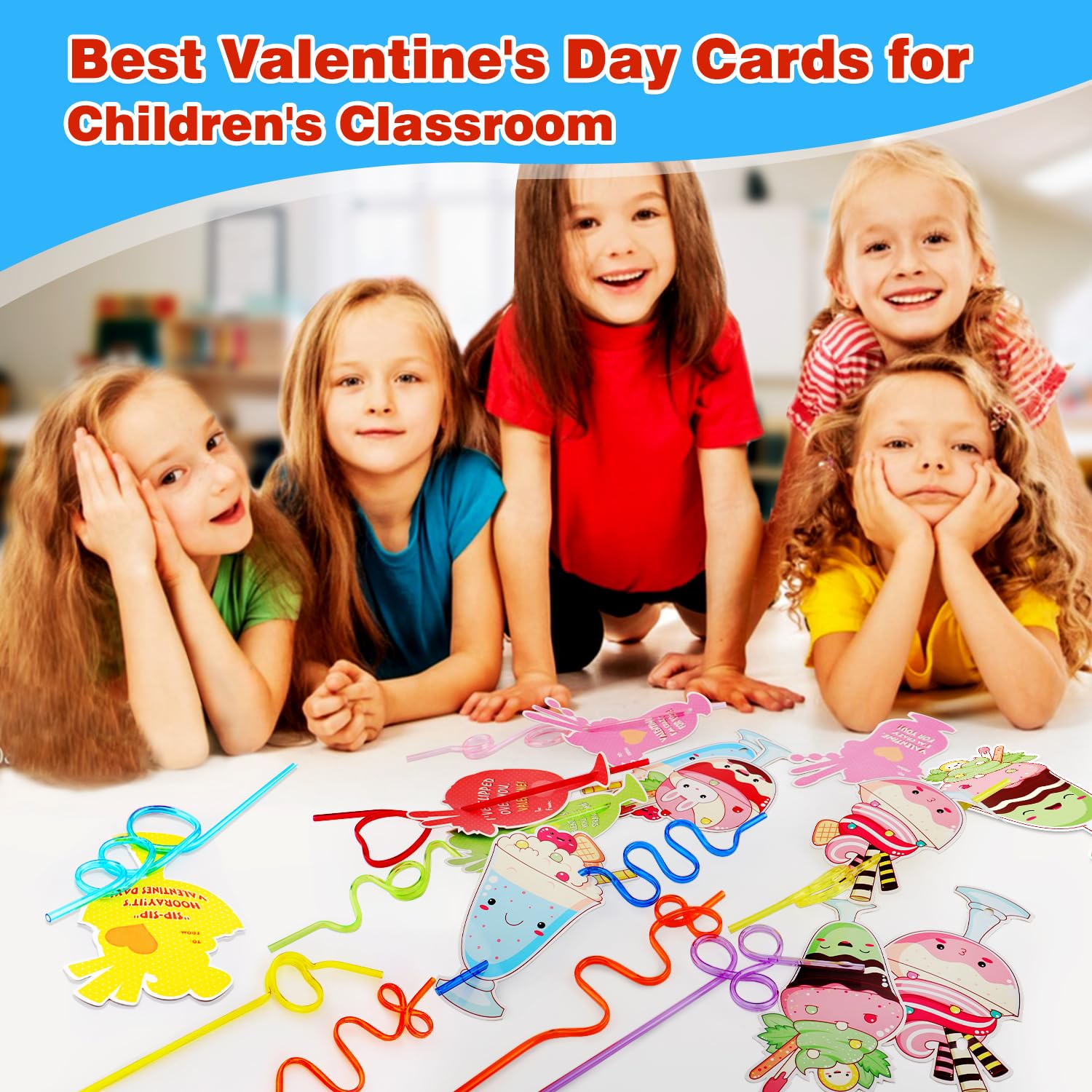 Valentine's Day Cards For Kids With Crazy Loop Straws - 30 PCS Classroom Party Favor Set - View #2