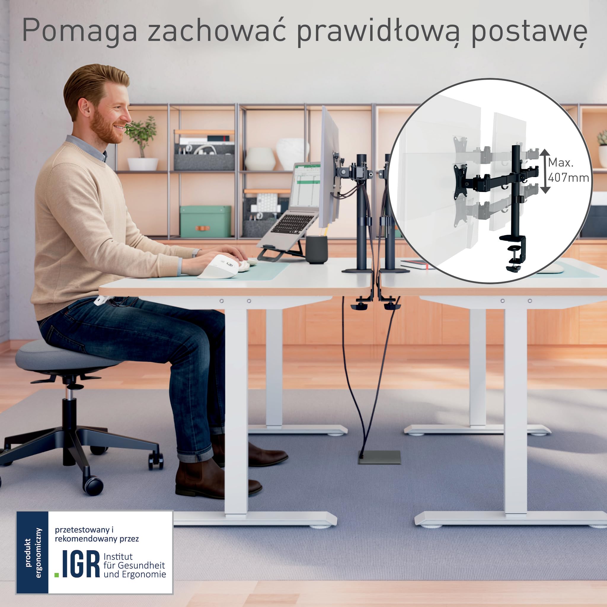 Leitz Ergo Slim uchwyt na 2 monitory ergonomiczny, oszczedza miejsce