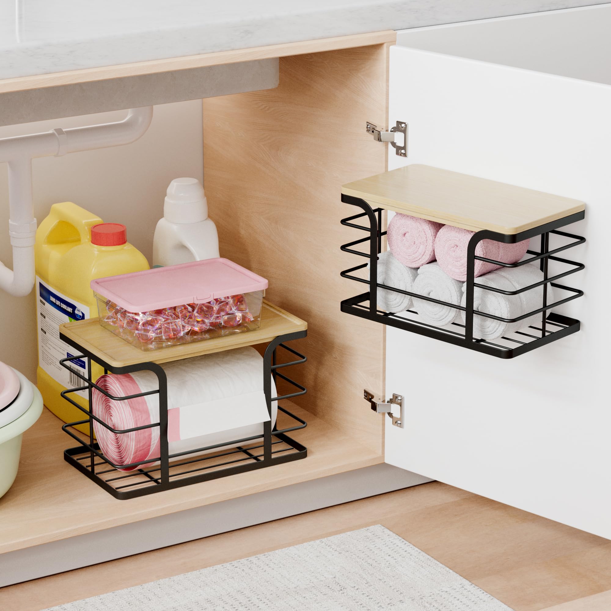 Paquete de 2 organizadores apilables de almacenamiento para cocina, lavandería, despensa, soporte para bolsas de basura con parte superior de bambú, dispensador de bolsas de basura de