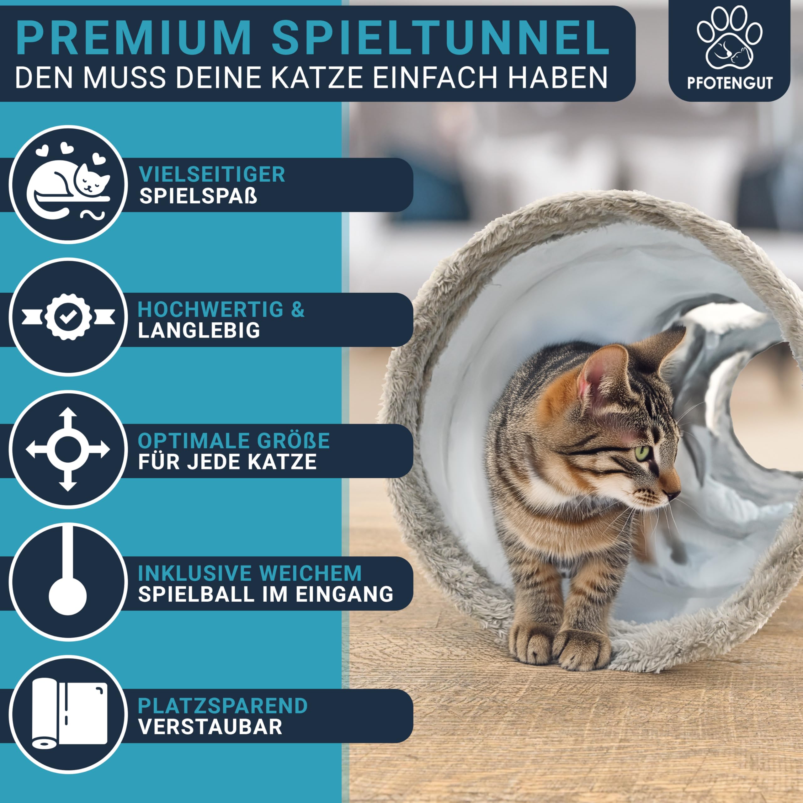 Katzentunnel XXL [für kleine und große Katzen] - robuster Spieltunnel zur Beschäftigung deiner Katze - 115cm Langer Tunnel mit verschiedenen Öffnungen inkl. Spielball