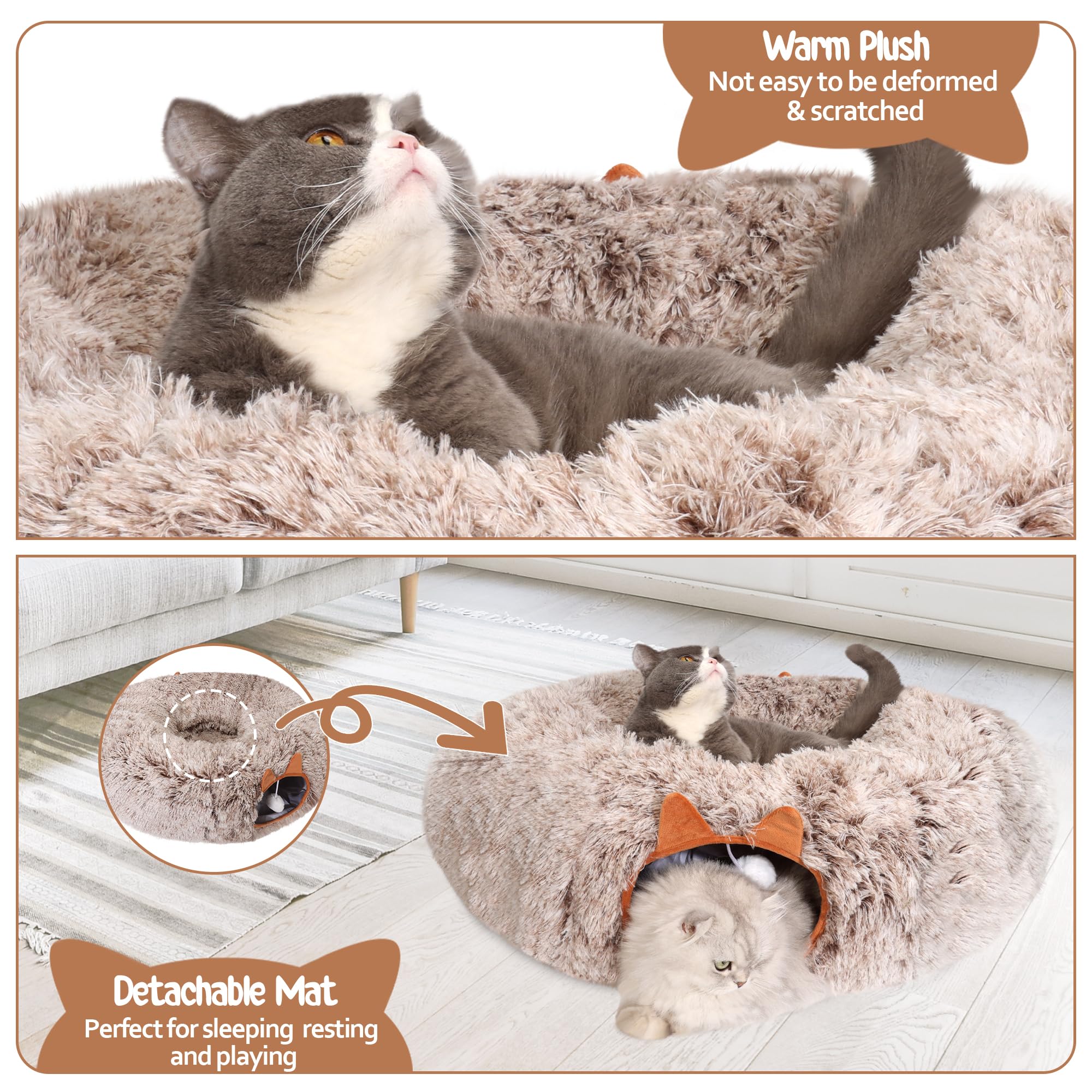 Cama tipo túnel para gatos de interior, suave felpa Peekaboo Cat Cueva Donut Túnel para gatitos, cachorros, conejos, hurones