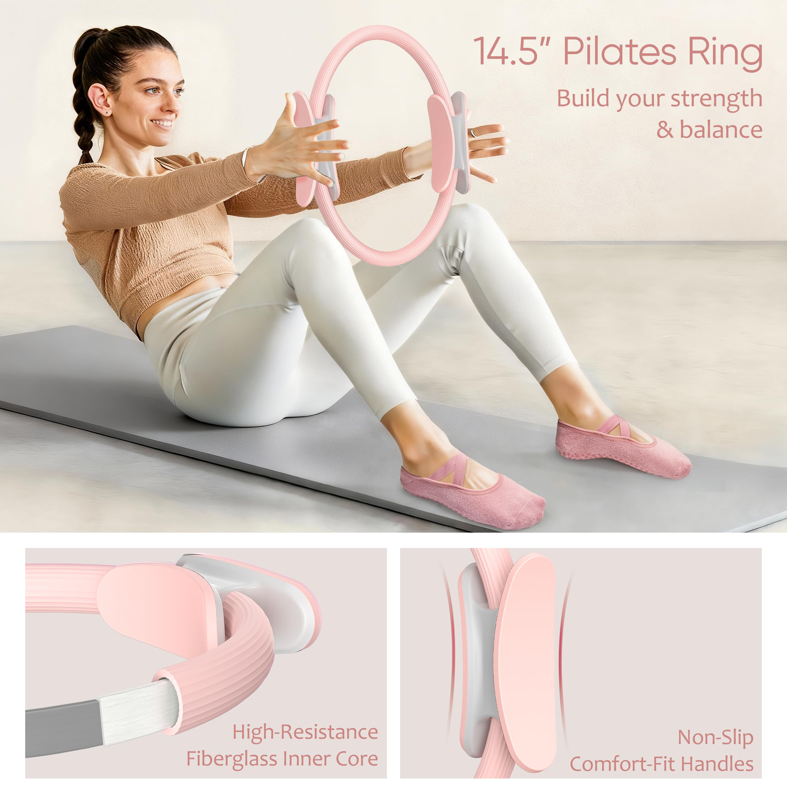NANATI Kit de pilates 18 pièces, kit essentiel de pilates pour femmes à domicile, équipement de pilates avec anneau et balle de pilates de 36,8 cm, 7 bandes de résistance, poids de cheville, curseurs