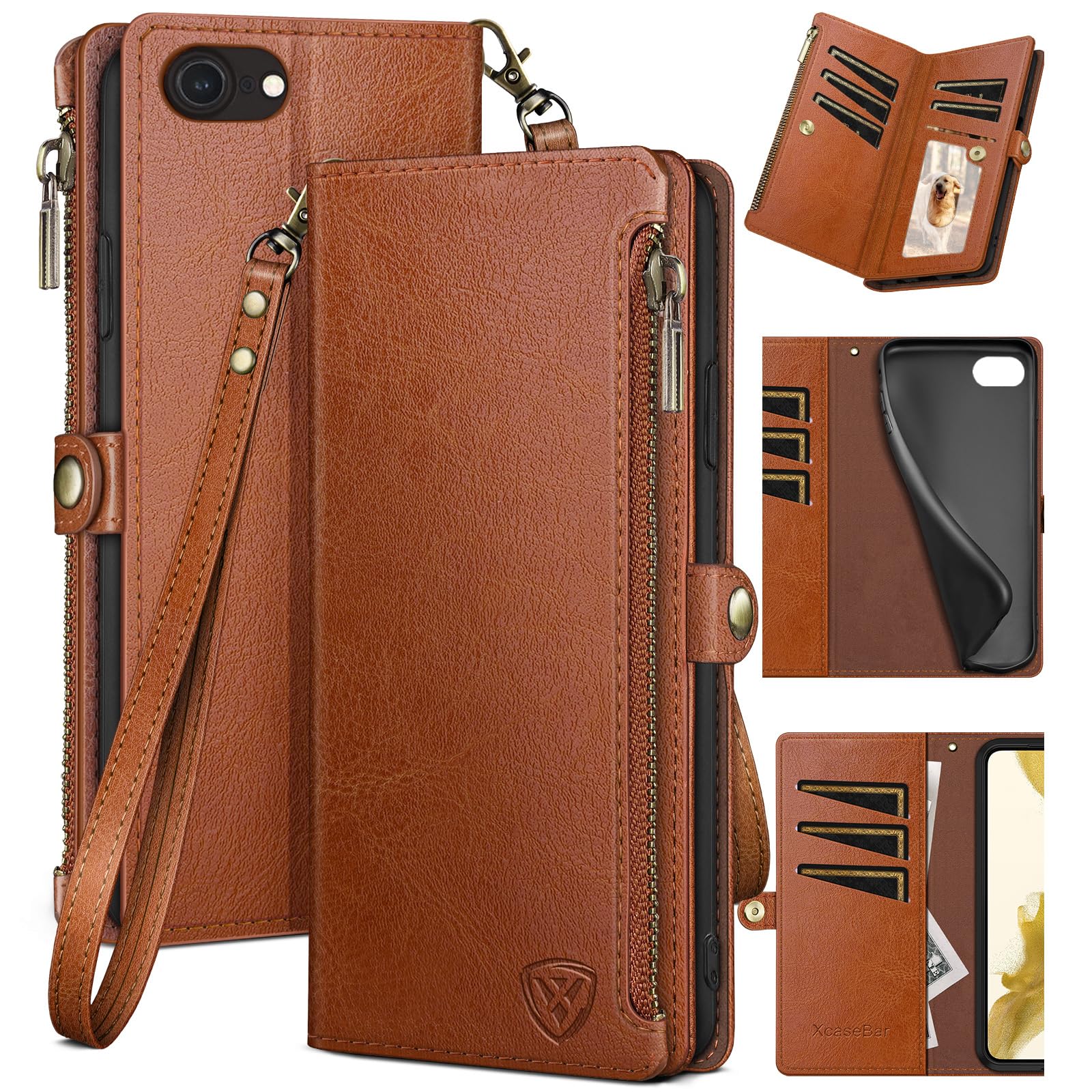 XcaseBar for iPhone SE 3rd/7/8 Wallet case with Zipper Credit Card Holder?RFID Blocking?, Flip Folio Book PU Leather Phone case Shockproof Cover Women Men for Apple SE case Light Brown
