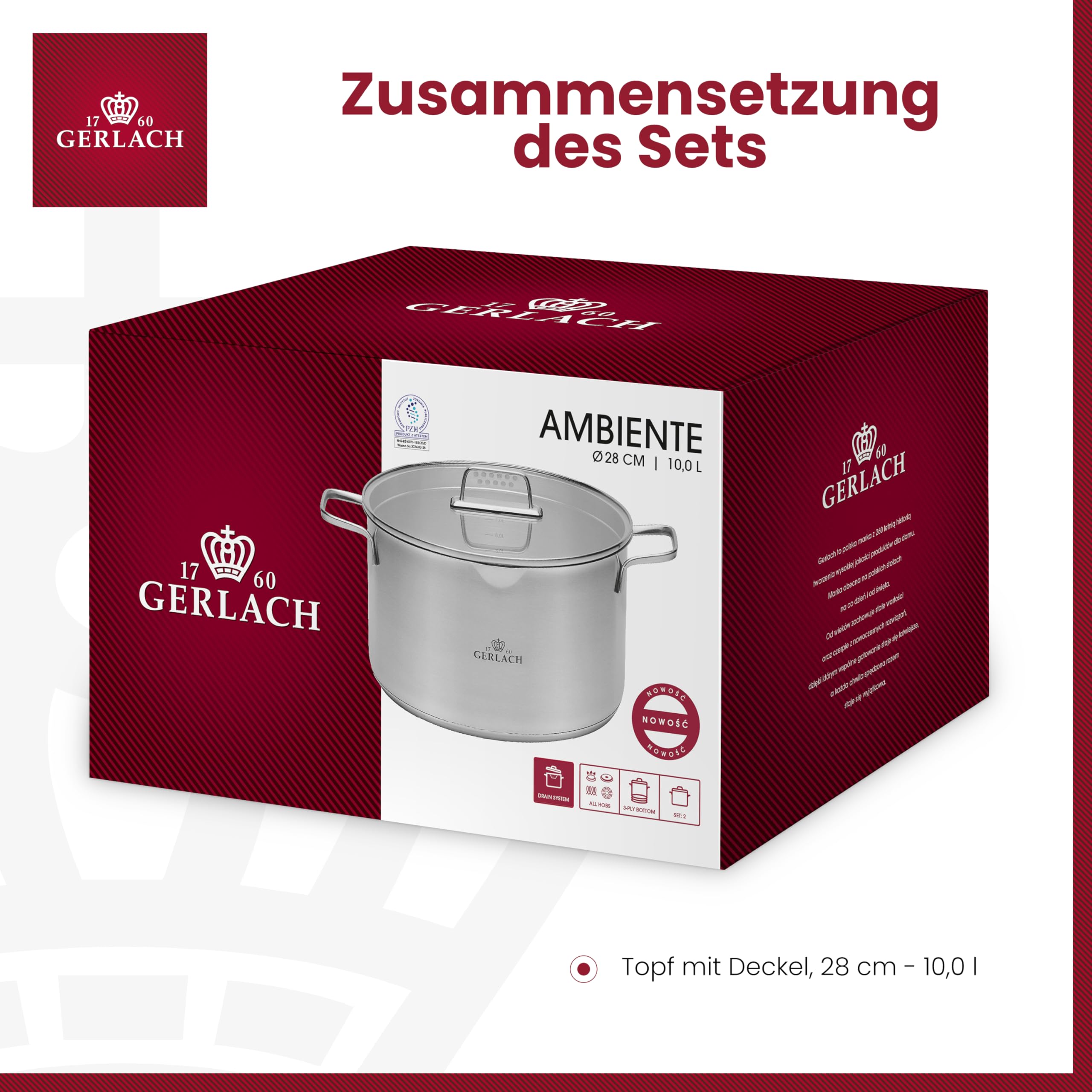 Gerlach 1760 Topf Kochtopf 10 L Induktion Elektroherd Gasherd Keramikherd Ofenfest Spülmaschinenfest Fleischtopf Induktionstopf Durchmesser 28 cm Mit Deckel Aus Gehärtetem Glas Ambiente