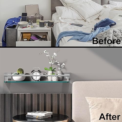 Miniatura 9 de Paquete de 2 estantes de vidrio para baño, 21 pulgadas, soportes rectangulares de acero inoxidable, vidrio templado, accesorios de montaje modernos