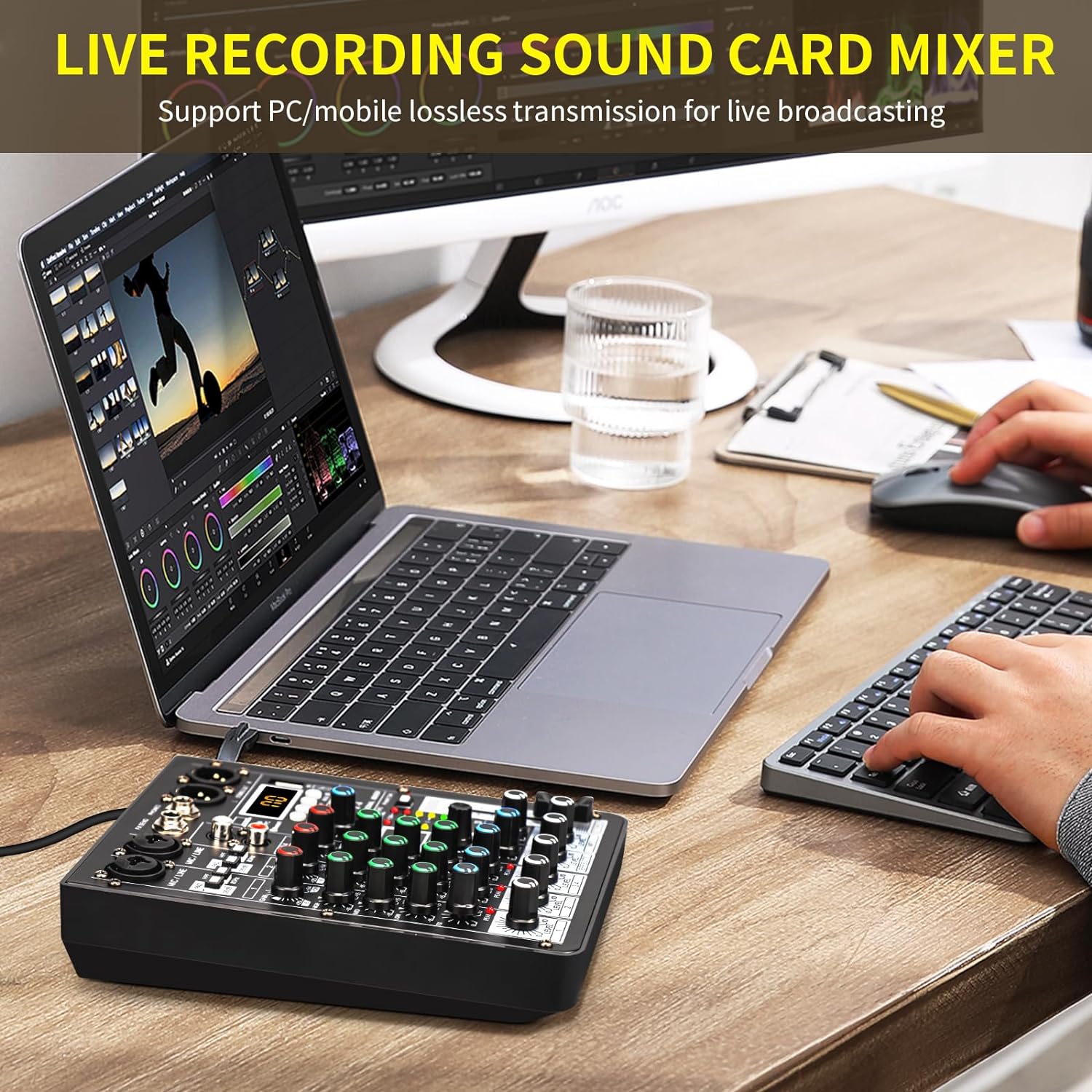 4 Channel Podcast Audio Mixer, Compact Mixing Console with 99 DSP Effects, 48V Phantom Power, XLR Inputs for Recording, Home Studio