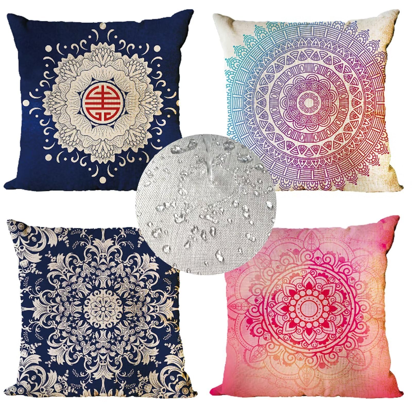 Tifnuer Mandala Throw Pillow Covers, Set of 4 14x14Inch, Waterproof Linen Square Cushion Covers, Colourful Cushion Covers, for Modern Farmhouse Home Sofa Living Room Couch Bed Decor Pillowcase F-5481