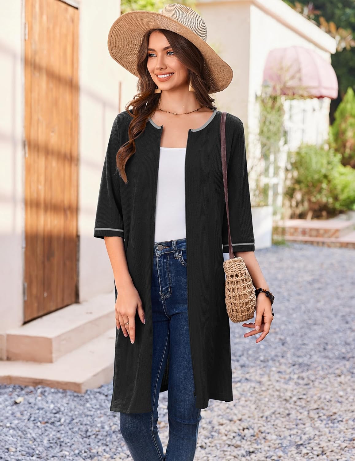 Ekouaer Zip Up Robes for Women Short Waffle Bathrobe Lightweight house coat 3/4 Sleeve Soft Nightgown with Pockets S-3XL - Image 4