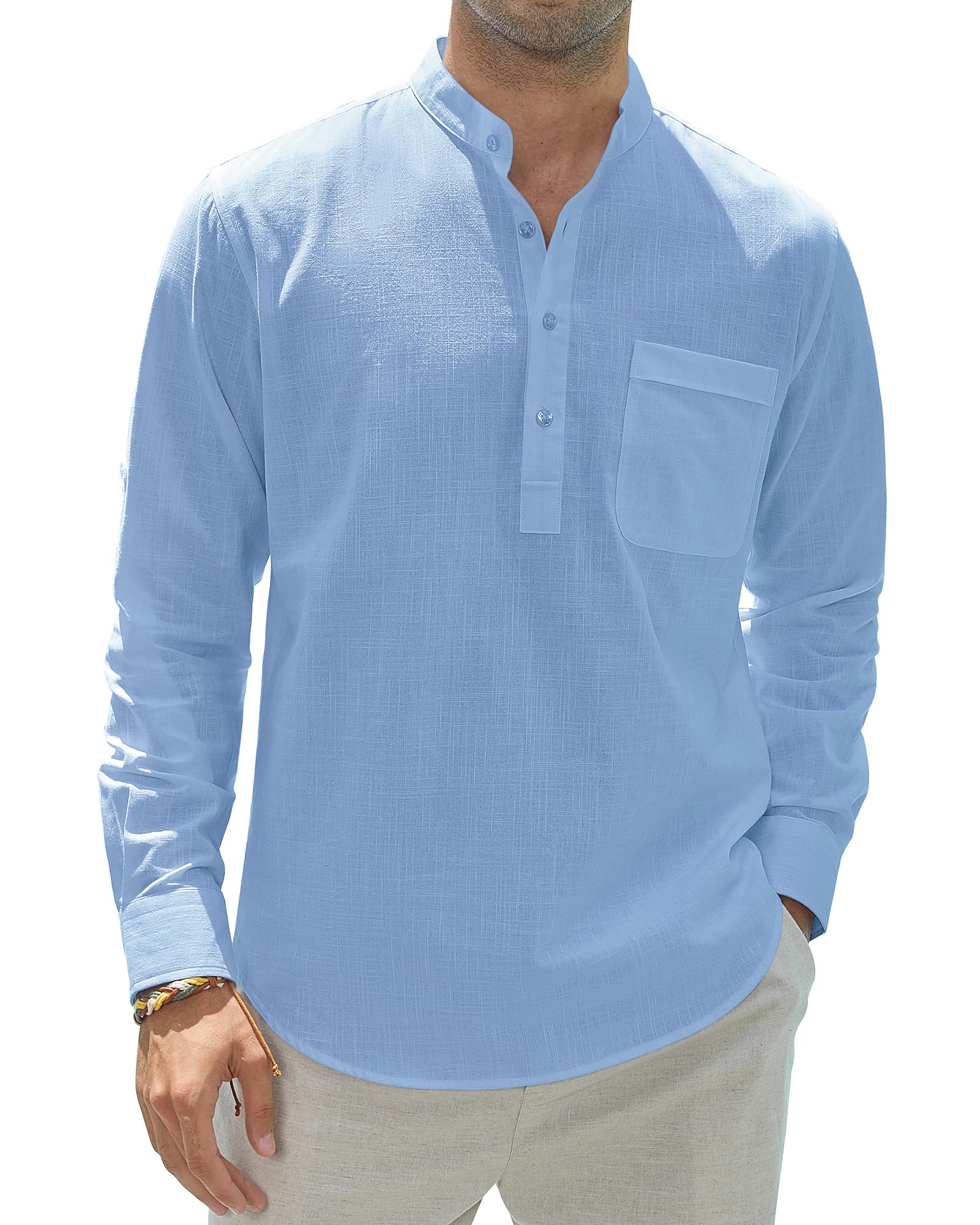 J.VERMen's Linen Roll Up Long Sleeve Shirt Cotton Casual Beach Shirts Henley T-Shirt Band Collar Vacation Tops with Pocket