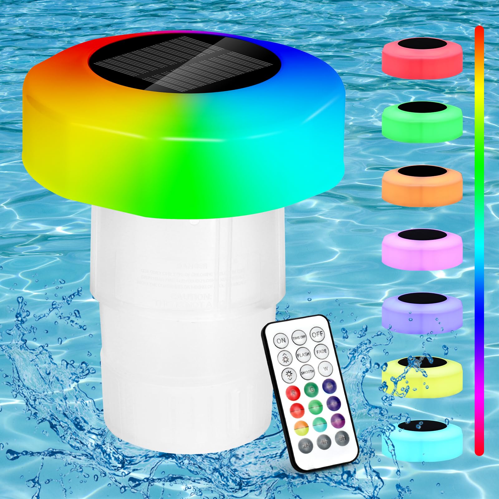 Vankarr Dosificador cloro piscina para hasta 200 g de pastillas de cloro luz solar LED 16 colores Dispensador cloro flotante Plegable ajustable con mando a distancia Cloro liquido piscina