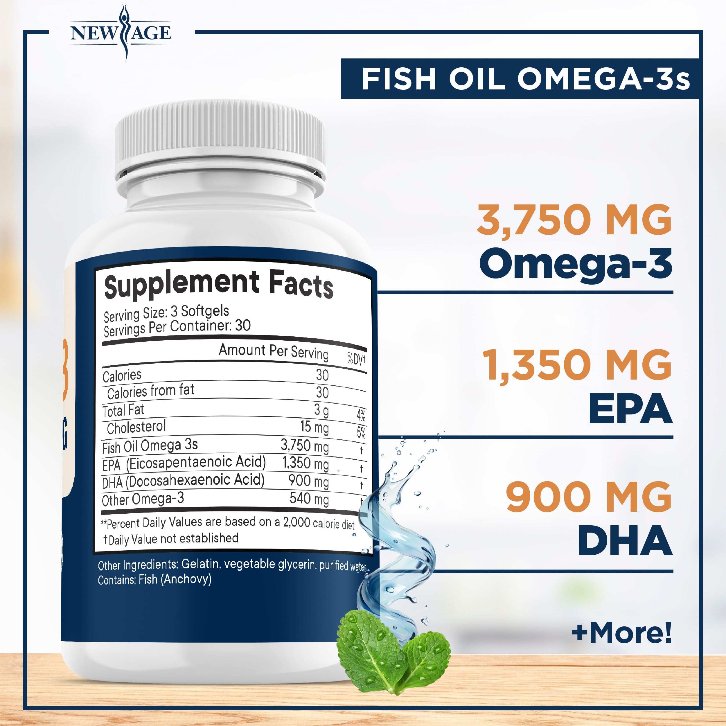 NEW AGE Triple Strength Omega 3 Fish Oil 3750 mg - EPA & DHA - Over 3000mg Omega-3 Fatty Acids - 1350mg EPA + 900mg DHA - Best Essential Fatty Acids, Burpless Fish Oil - 180 Count — Amazon image 2