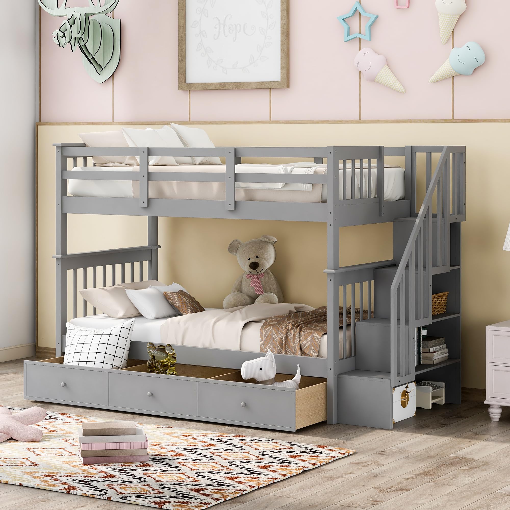 Harper & Bright Designs Twin Over Twin Bunk Bed Frame with Storage Stairs and Drawers, Gray