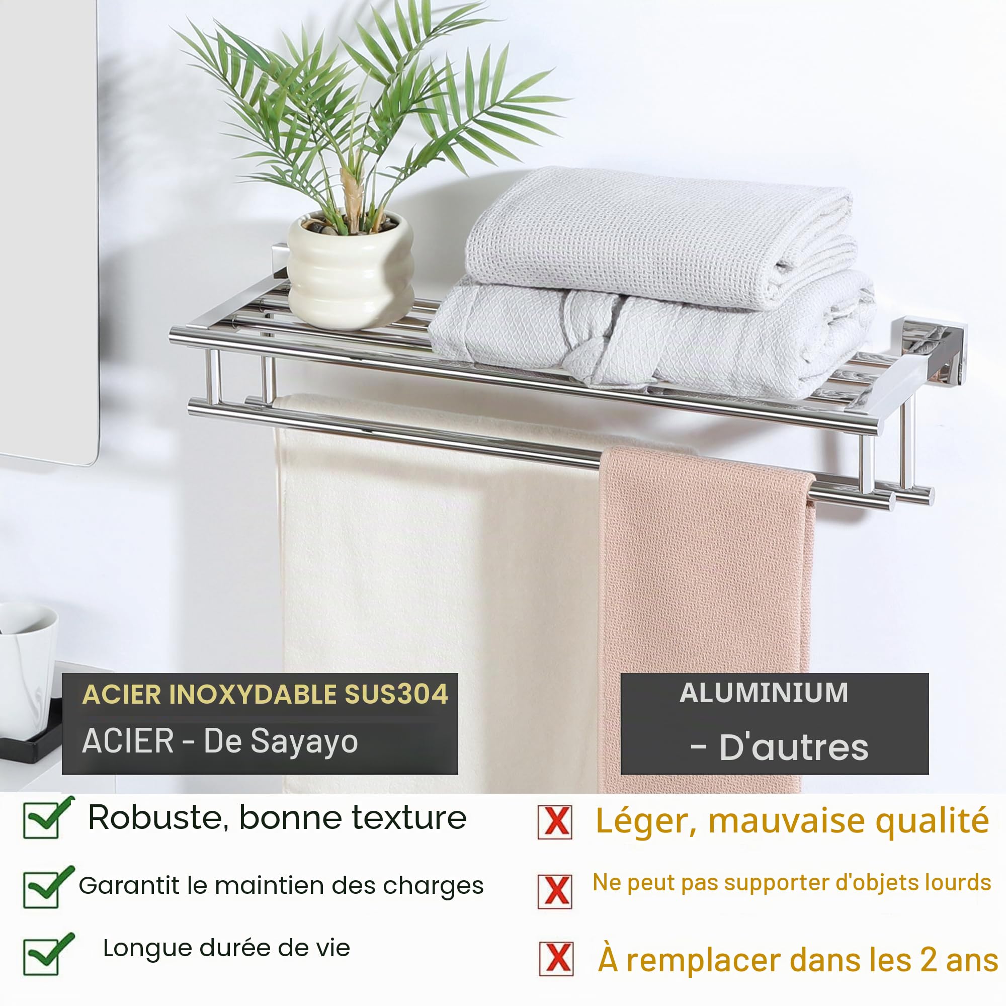 SAYAYO Double Barre Porte Serviette Mural de Salle de Bain, Support Serviette avec Étagère en Acier Inoxydable pour Cuisine Toilette, Longueur 60CM Chrome Poli, EGZ8000-C