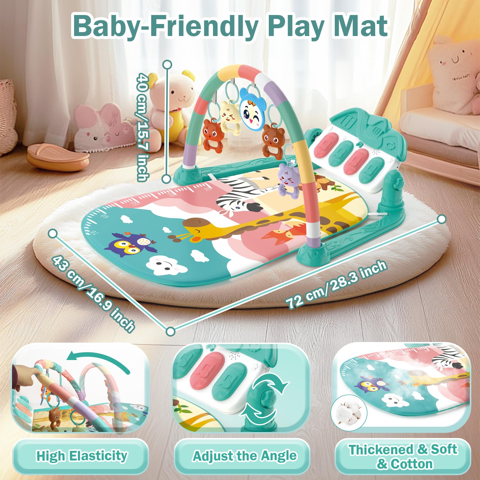 Tapis d'éveil Bébé 0-6 Mois avec Hochets et Musique de Piano, Tapis Sensoriel Motricité Vert