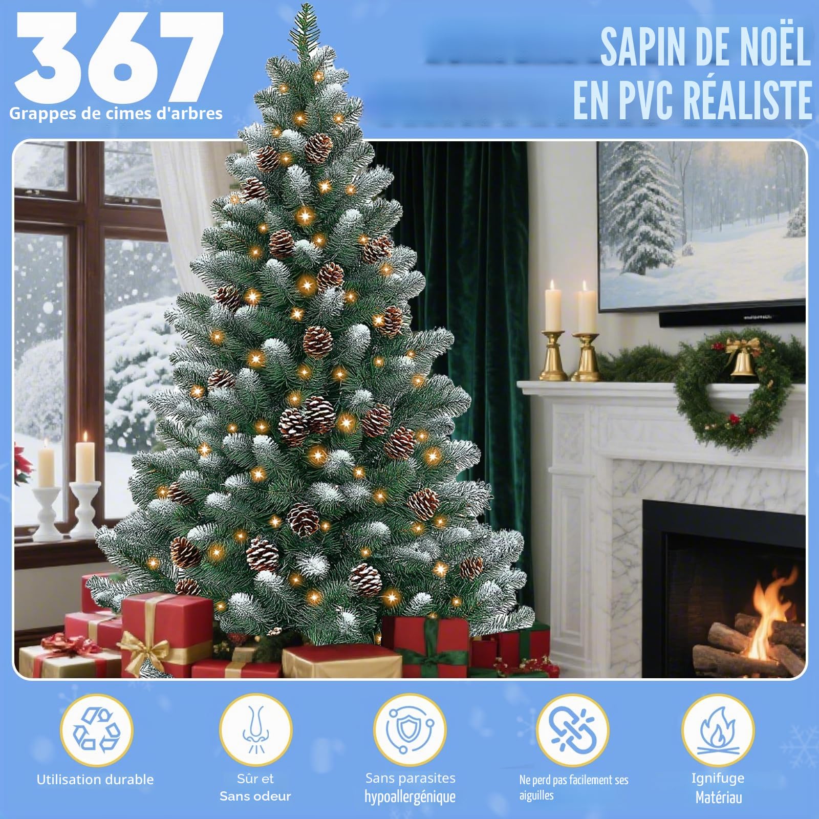 Sapin de Noël Lumineux 150 cm, Pommes de pin et 367 Branches, Sapin Artificiel en PVC avec Guirlande Lumineuse, 8 Fonctions Lumineuses, Support métallique, pour l'intérieur et l'extérieur
