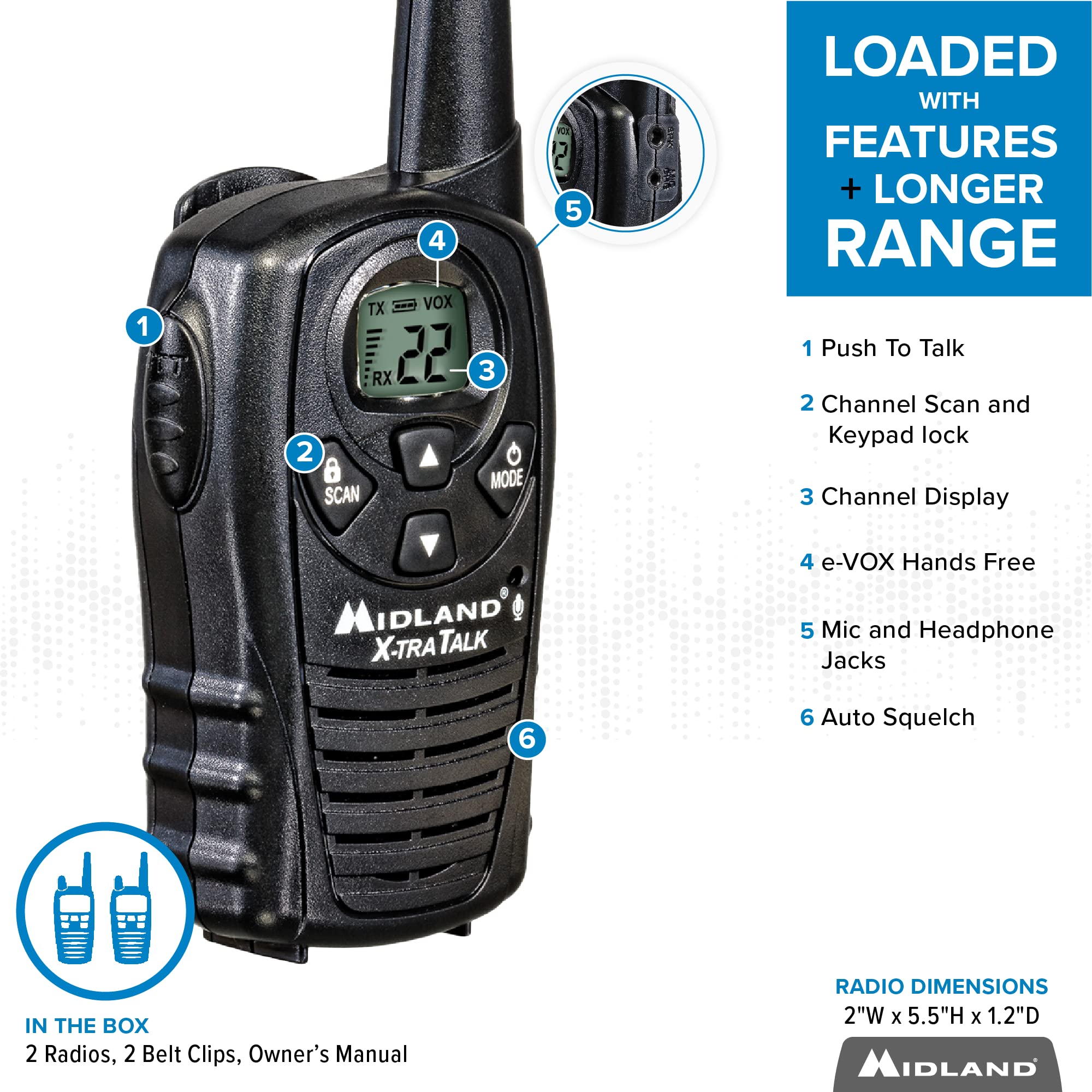 2 WALKIE TALKIE MIDLAND LXT118 26KM AVEC PINGANILLOS + CHARGEUR + 220V