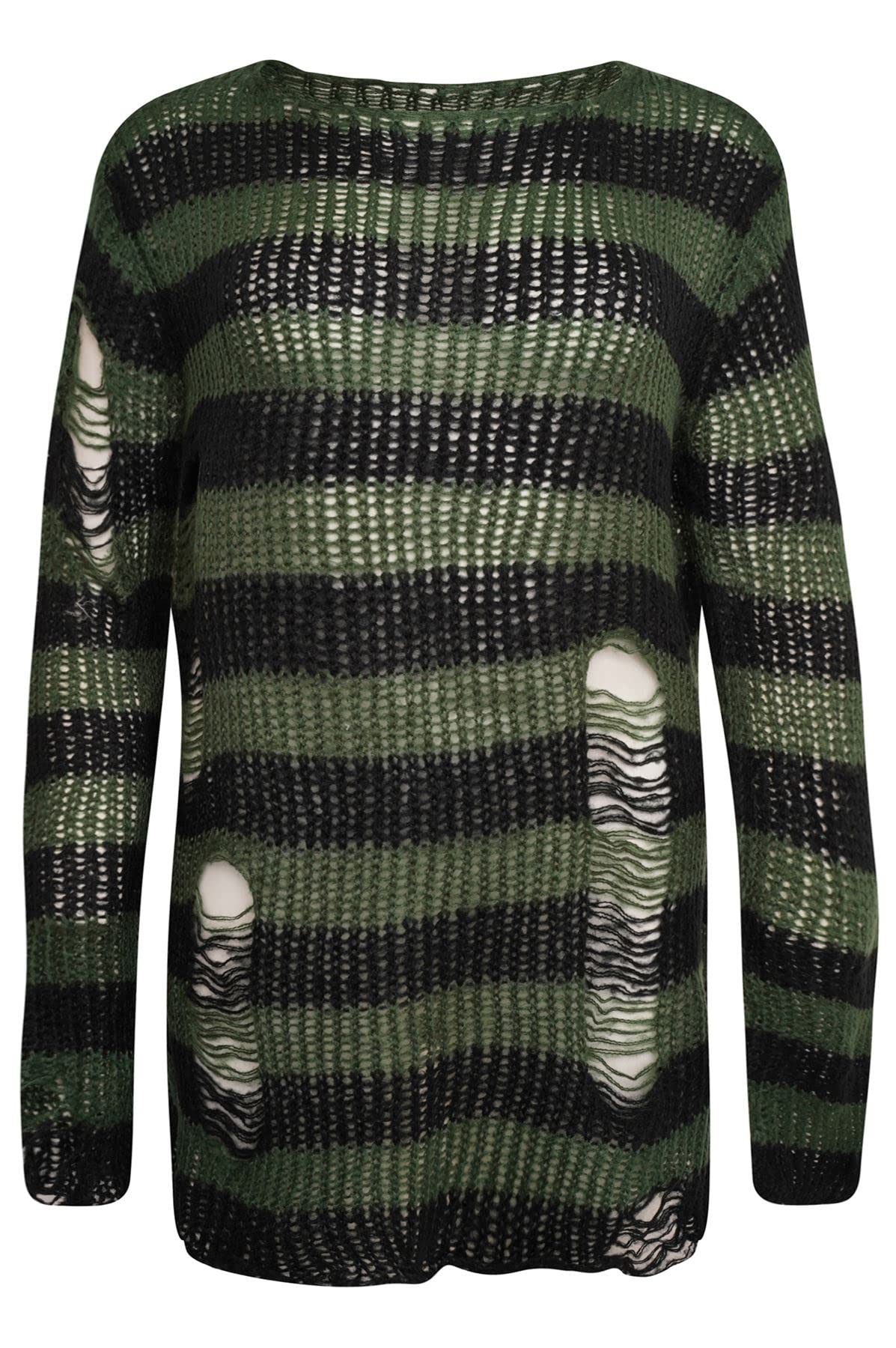 Ro RoxGothic Knitted Jumper with Distressed Look - Oversized Pullover Ripped Design, Loose Fit, 90s Grunge Stripe Pattern