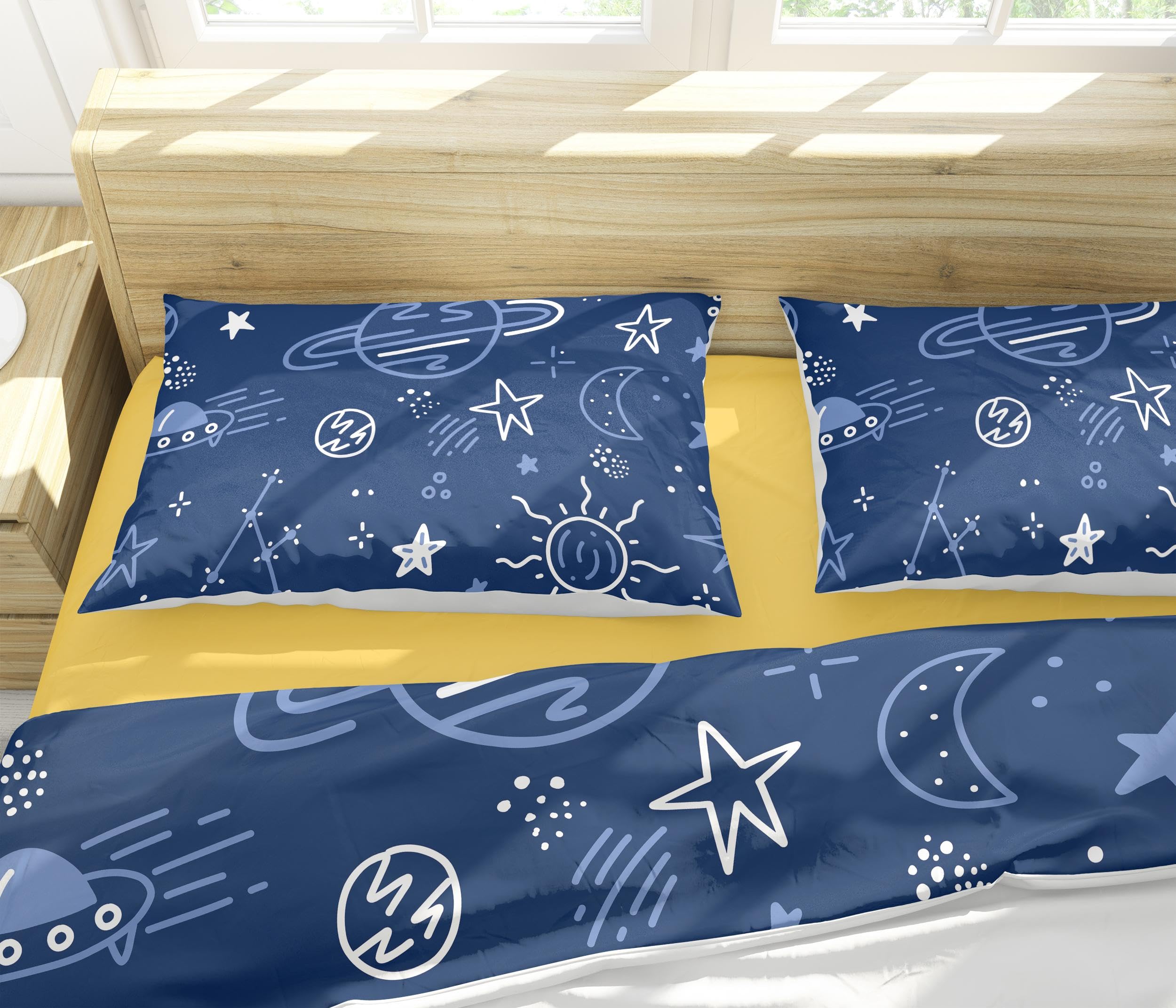 Juego de cama de luna y estrella, juego de cama azul de 3 piezas, lindo edredón de galaxia espacial para niños, niñas, ropa de cama decorativa de 3 piezas, 200x200cm -50x75cm*2