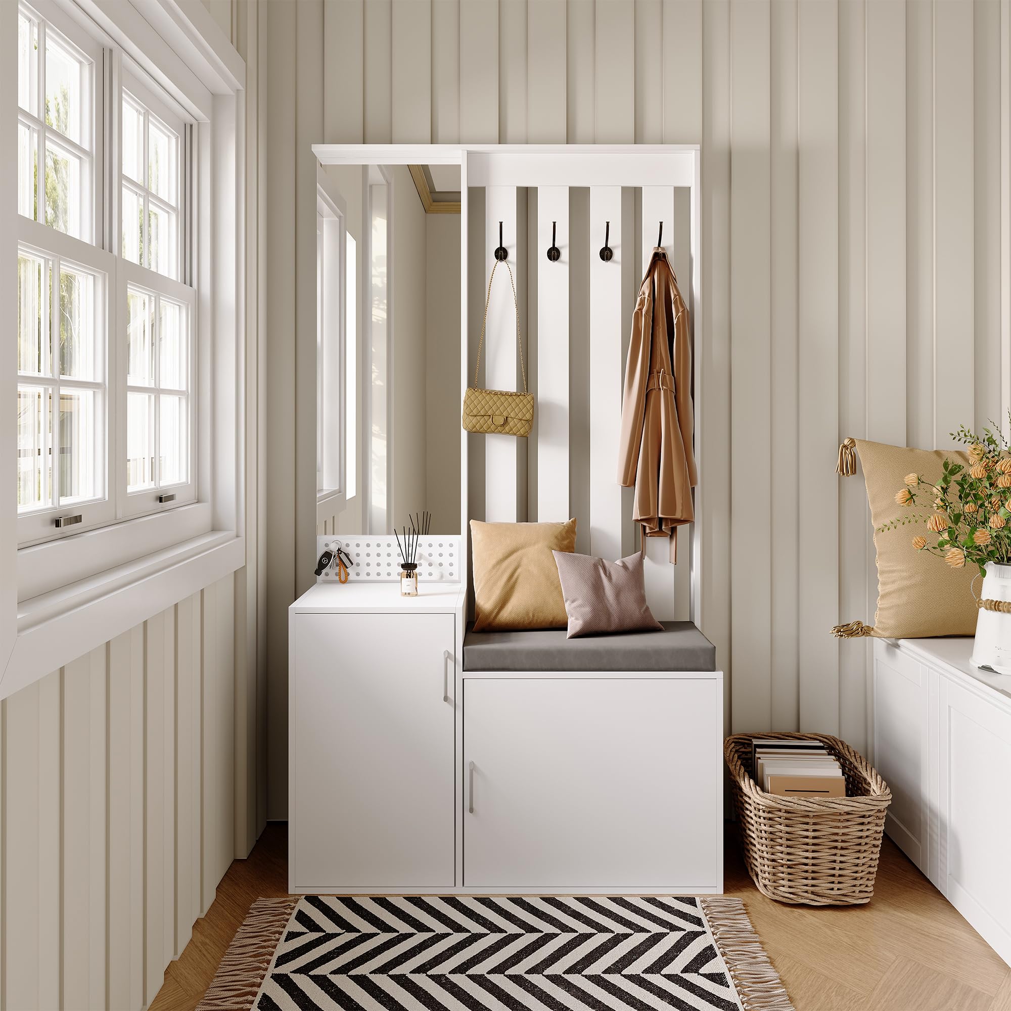 Porte-Manteau de Couloir avec Banc de Rangement Rembourré 40x100x180cm, Meuble à Chaussures de Couloir Multifonctionnel avec Patère, vestiaire d'entrée Moderne avec Miroir