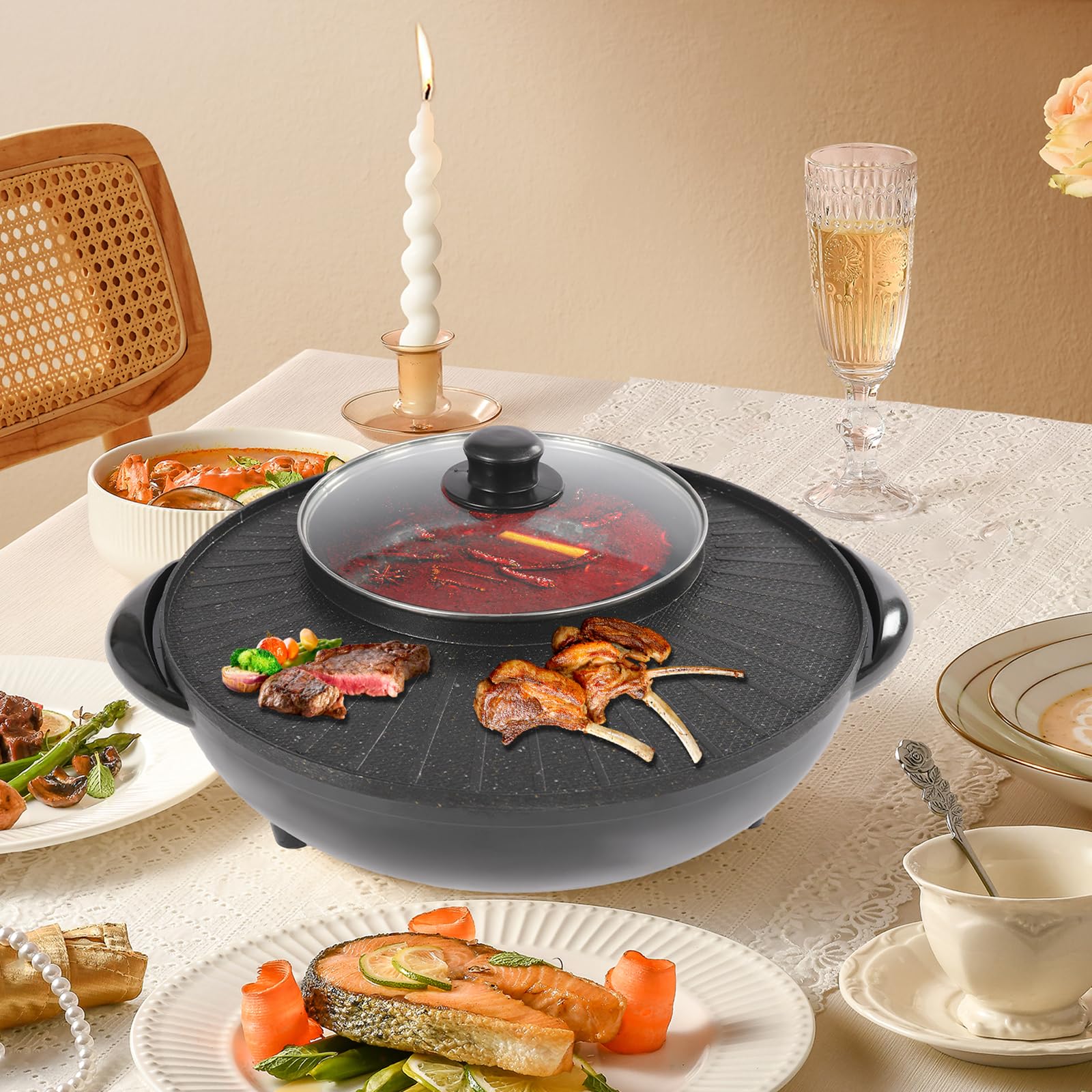 Soup and Grill Hot Pot, 2 In 1 Electric Smokeless Grill and Hot Pot Bbq Grill with Lid, Small Hot Pot with Grill Non-Stick Barbecue Hot Pot Grill for Grilling Frying Cooking 1350W