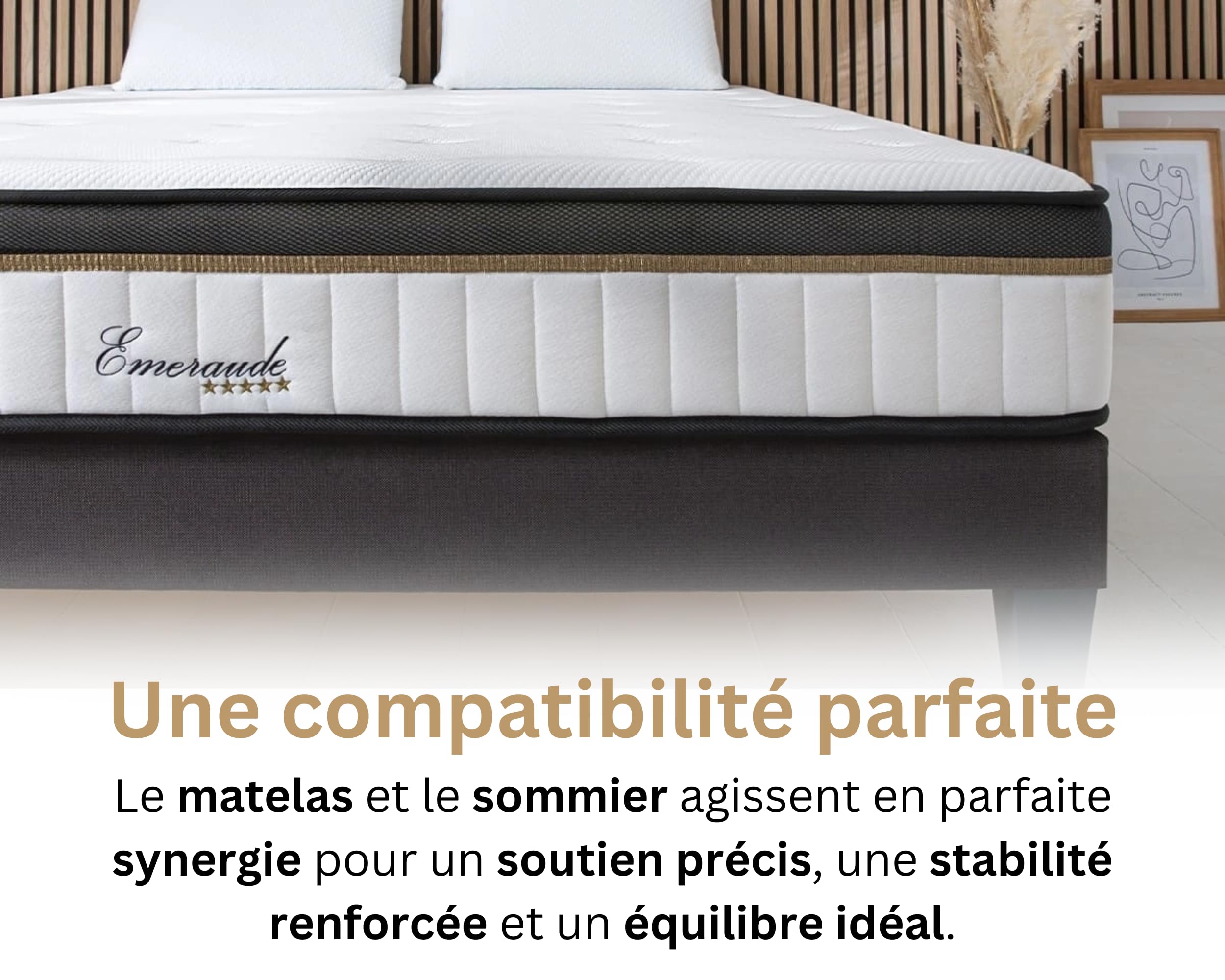 Maison Aubertin - Ensemble Matelas Sommier Emeraude 180x200, Ép 54, à Mémoire de Forme Haute Densité 60 kg/m³, Mousse à Cellules Ouvertes, Lit en Bois Massif, 2 Personnes