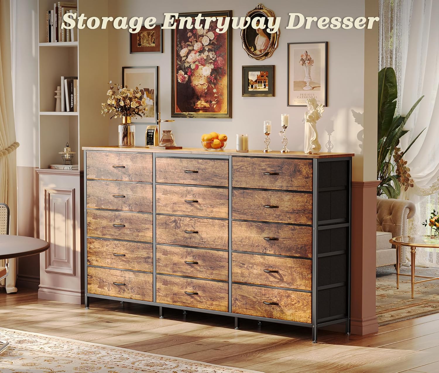 PRAISUN 63 Inch Long Dresser TV Stand for 65, 70 Inch TV, 15 Drawer Dresser for Closet, Bedroom, Large Fabric Drawers, Entryway Hallway Chest of Drawers, Wooden Top, Media Console, Rustic Brown