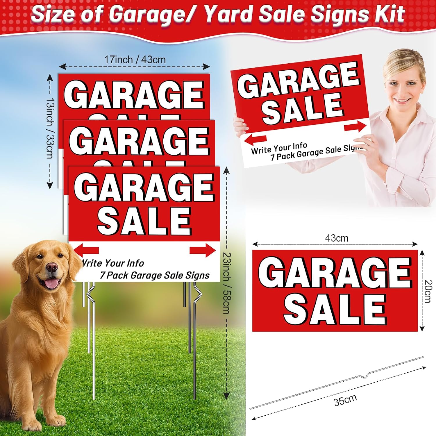 20 Pcs Garage Sale Signs Kit - 17x13 Inch Garage Sale Sign With Metal Stakes, Red Yard Sale Signs with Price Stickers, Arrow Stickers, Marker Pen, Garage Sale Supplies for Event