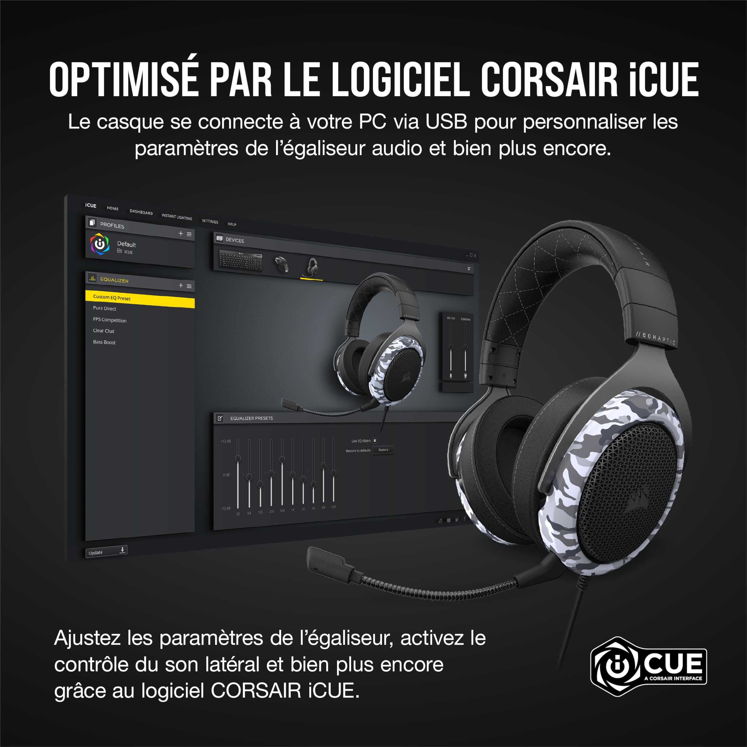 Corsair HS60 HAPTIC Casque Gaming Stéréo avec Basse Haptique (Basse Haptique Optimisée par Taction Technology, Oreillettes Rembourrées de Mousse à Mémoire, Microphone Amovible) Camo
