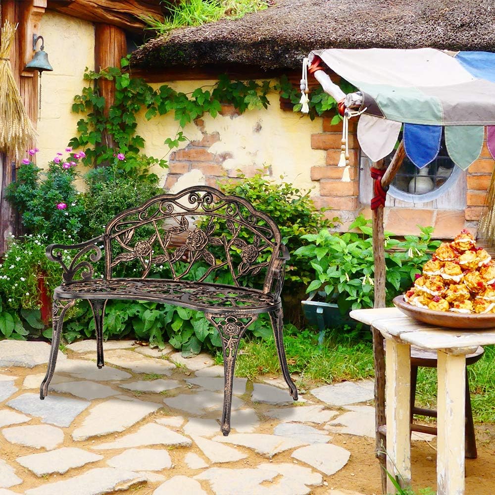 38.5" Outdoor Garden Bench Cast Aluminum Patio Park Bench Elegant Porch Deck Loveseat with Rose Pattern Backrest,Bronze