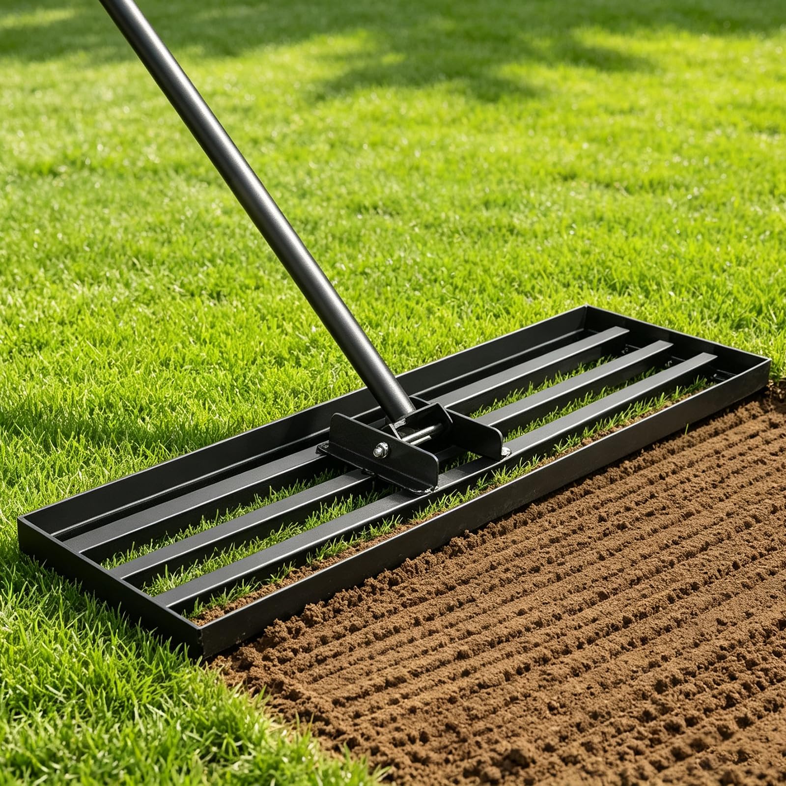 Rastrillo Nivelador de Alto Rendimiento, 114×25cm Rastrillo de Césped, Rastra de Nivelación para Césped, Cabezal Ancho para Jardines y Zonas Verdes, Rastra Niveladora Resistente con Mango de 213 cm