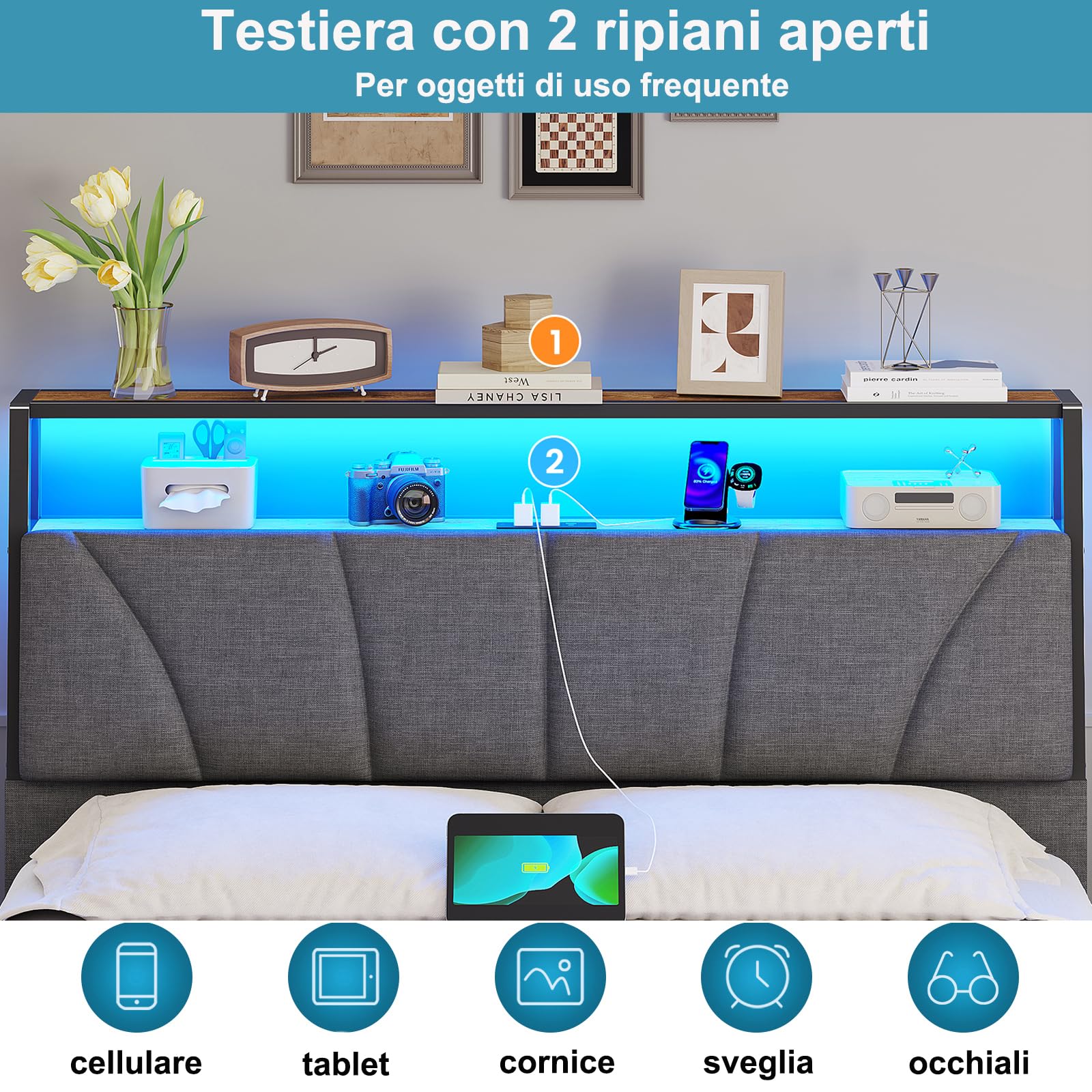 Brinlawb Letto Imbottito 120x200 cm, Struttura letto con Luce LED e Stazione di Ricarica (2 Prese CA 2 Porte USB) Struttura letto con piattaforma in metallo, Facile da montare, Moderno, Nero e Grigio