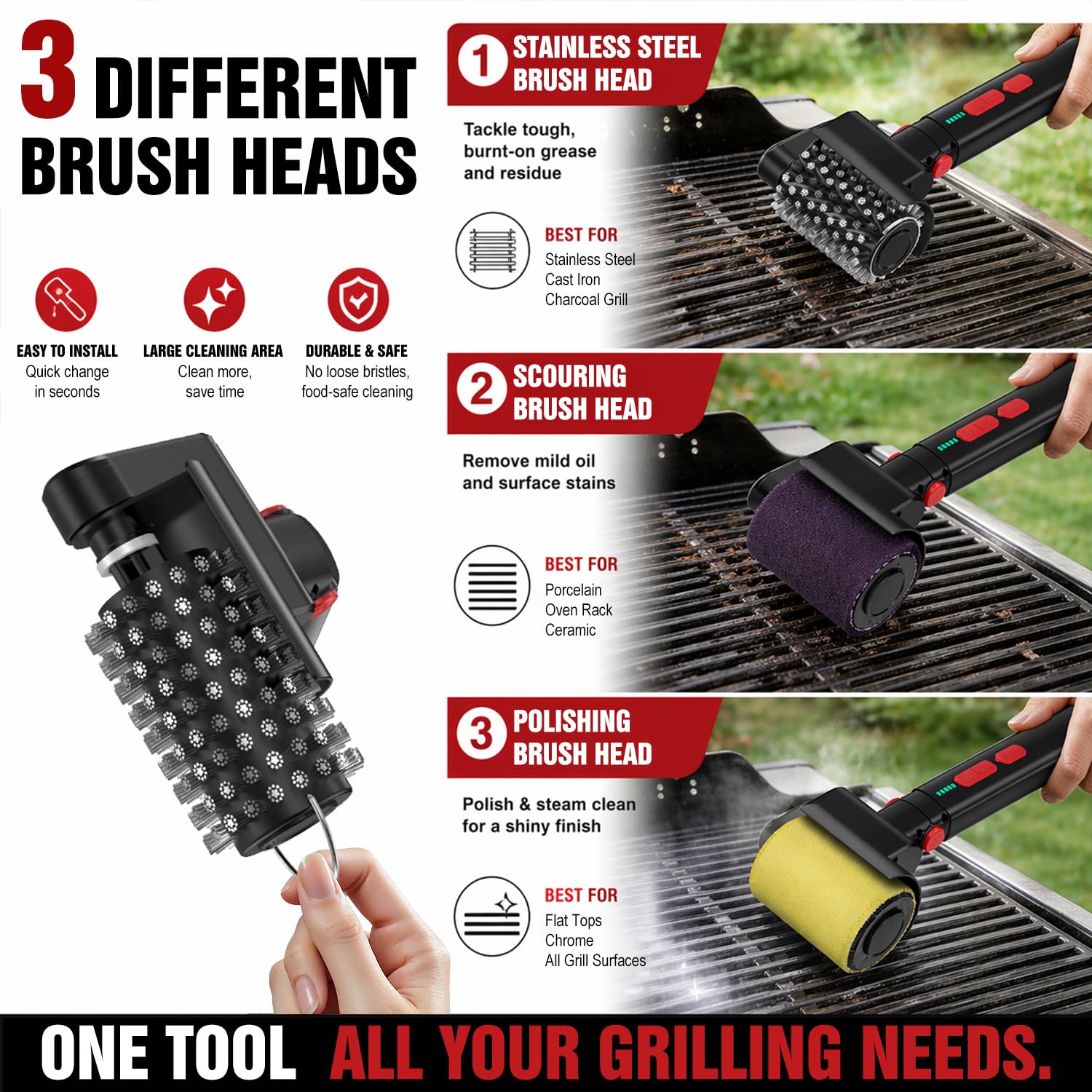 Electric Grill Brush, Cordless BBQ Grill Cleaner Tool for Effortless Cleaning, Remove Burnt Grease, 3-Speed & 3 Heads, 150+ Min Runtime, Waterproof &Type-C Safe Grill Brush for Barbecue Outdoor Grills - 4