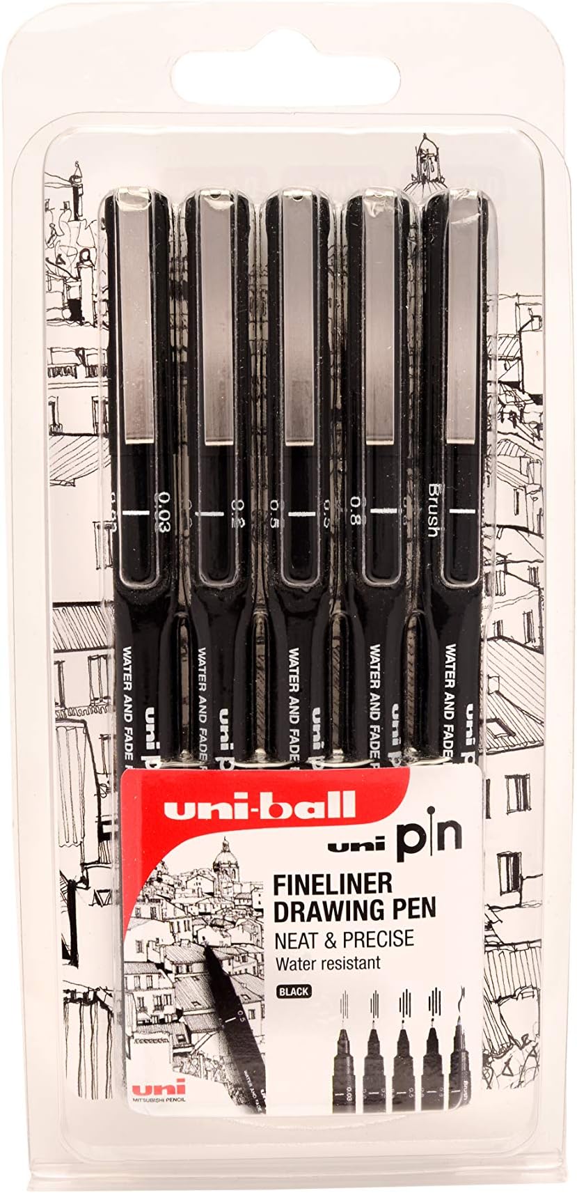 uni-ball PIN 153544967 5pc Fine Liner Drawing Pen, Water Resistant and Fade Resistant Black Ink, Nib Sizes (0.03, 0.2, 0.5, 0.8, brush) Black