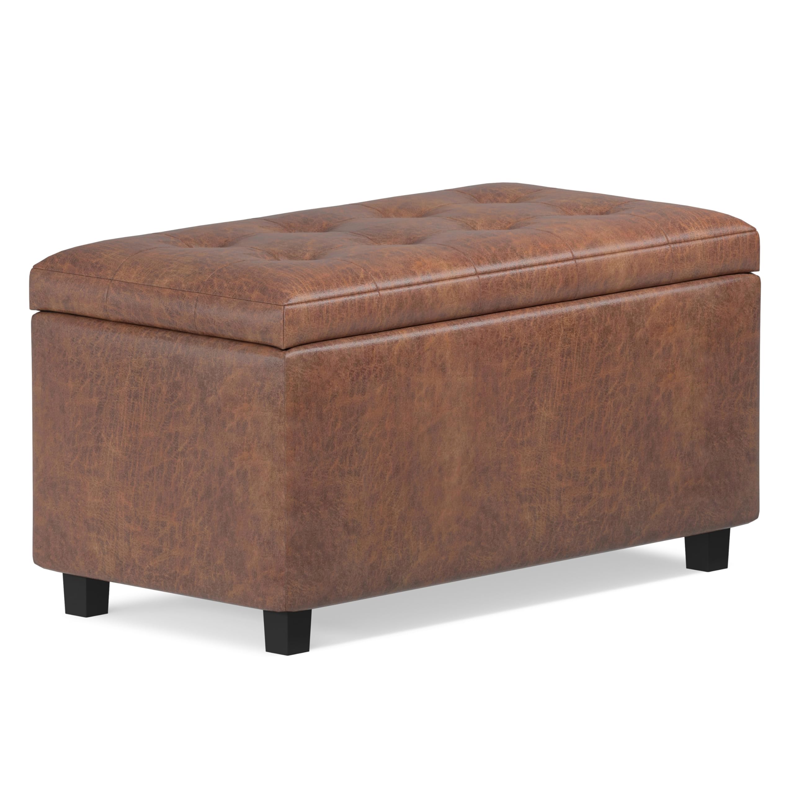 SIMPLIHOME Cosmopolitan 34 inch Wide Transitional Rectangle Storage Ottoman in Distressed Saddle Brown Vegan Faux Leather, Assembled, For the Living Room, Entryway and Family Room