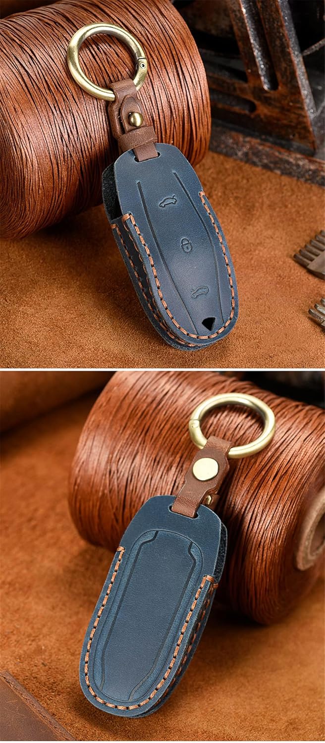 Handmade Leather Key Fob Case Key Cover Shell Smart Remote Control Car Key Protector Compatible for Tesla Model X Model S Model 3(Blue)