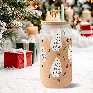 Christmas Tree Cup, Funny Christmas Gifts Stocking Stuffers for Women Teacher Sister Wife Coworker Friend Teen Girl Boy - Secret Santa Surprise Tumbler - 16oz Xmas Glass Mug with Gift Box & 2 Straws