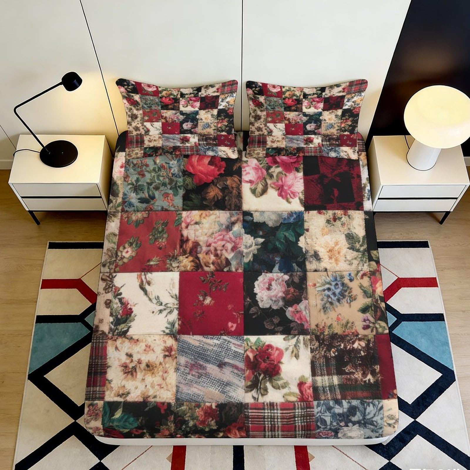 Kzqjxnhpcr Style-2 3D Printed Patchwork Floral Fitted Sheet Microfiber Deep Pocket Elastic Hem Patchwork Floral Mattress Fitted Cover Washable 90X200x25cm 90X200x25cm
