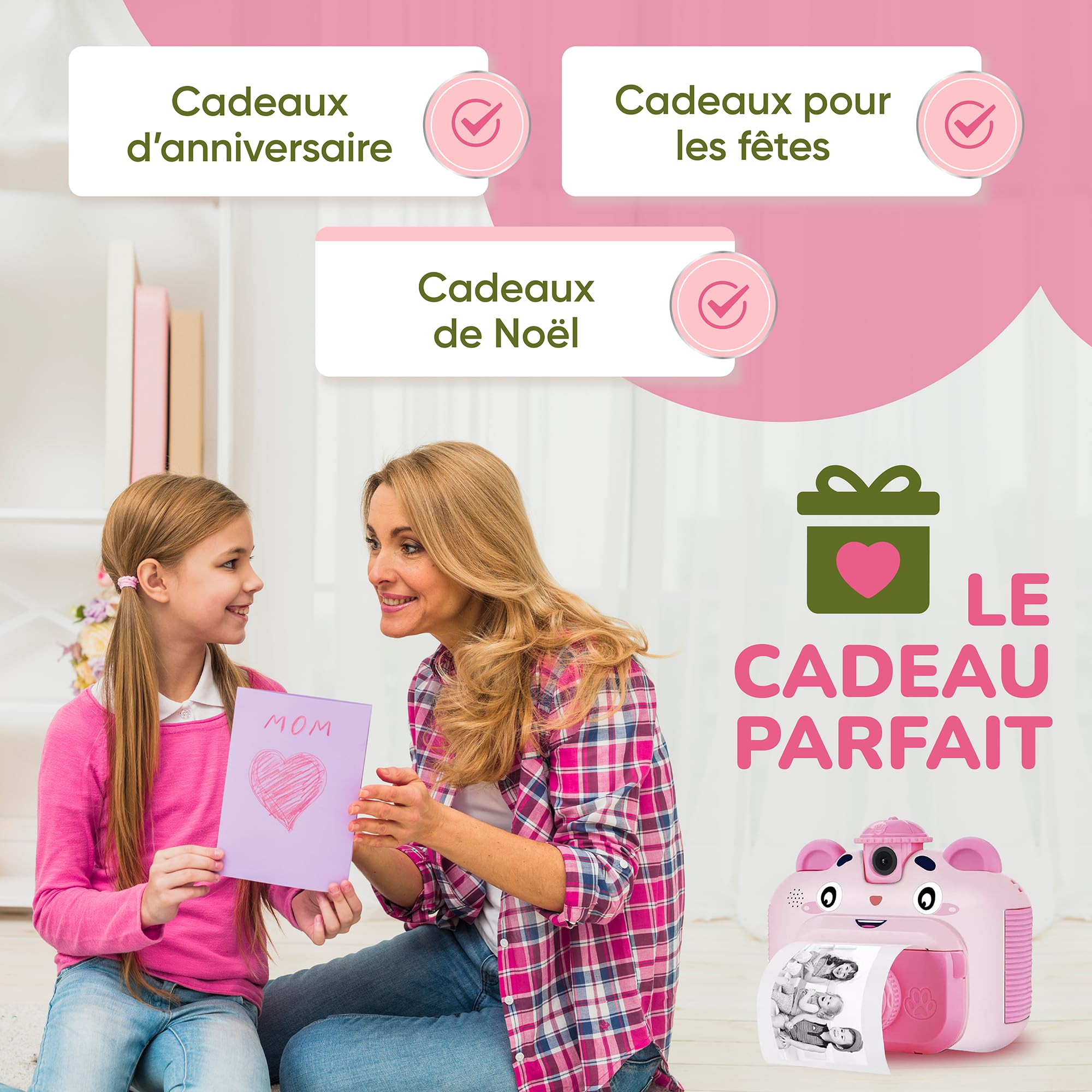 Appareil Photo Enfant Instantané Kawaii Ecran Couleur 12MP Photos Selfies Vidéos HD Carte 32 GB+Lecteur Carte+Rouleaux+Pack Art Créatif - Cadeau Fille