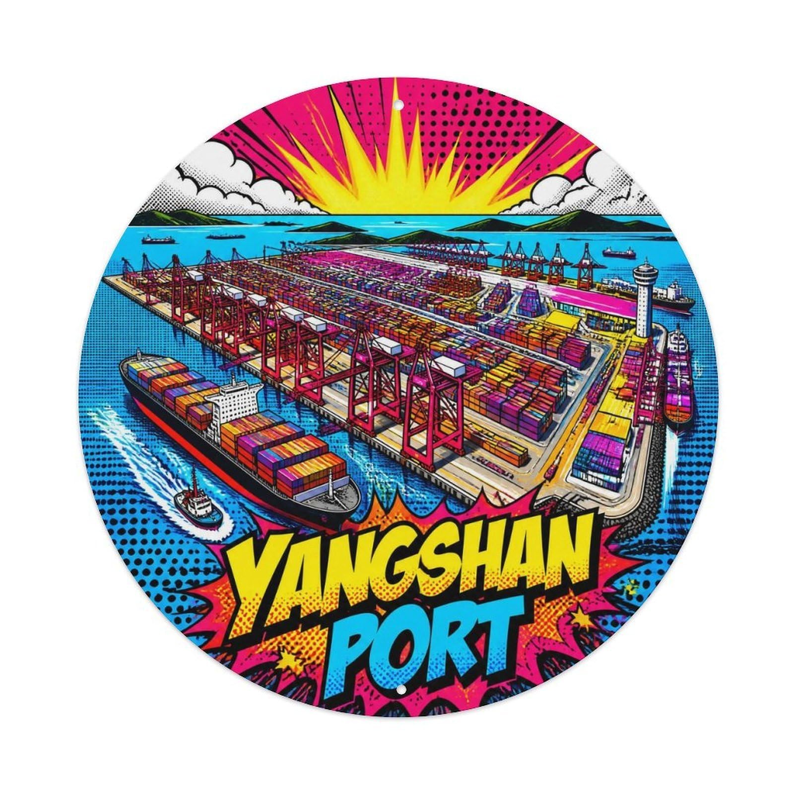 Okngb Style Riverfront Detail Shanghai Yangshan Harbor Street Grid Metal Tin Sign Plaque Wall Decor For Cafe, Man Cave, Club Bar, Office, Home Garden Round Metal Poster 8X8inch