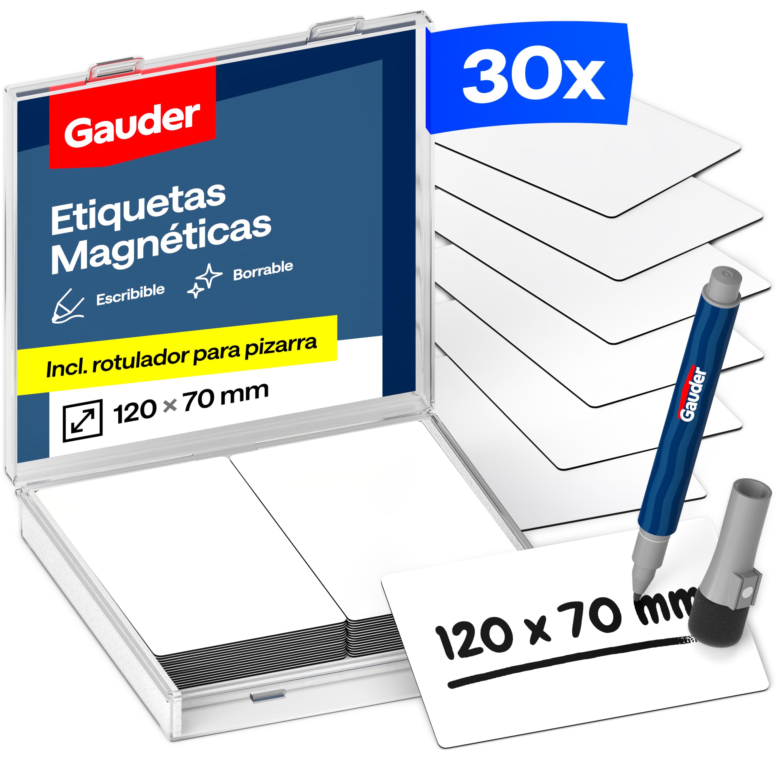 GAUDER Etiquetas Magnéticas Reutilizables - Imanes para Escribir para Pizarra Blanca, Tablero Kanban, Nevera y más - Tarjetas Magnéticas con Rotulador (30 Unidades - 120 x 70 mm)