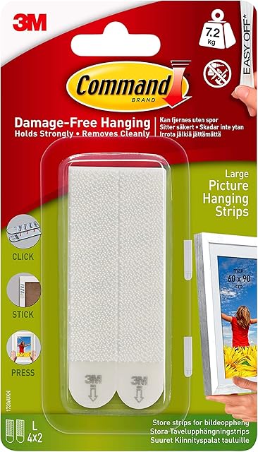 Command Large Picture Hanging Strips, Adhesive Strips, White - Damage Free Hanging - For Pictures, Frames and Mirrors, Wall Décor and Signs - Holds up to 7.2 kg, 8 Count (Pack of 1)
